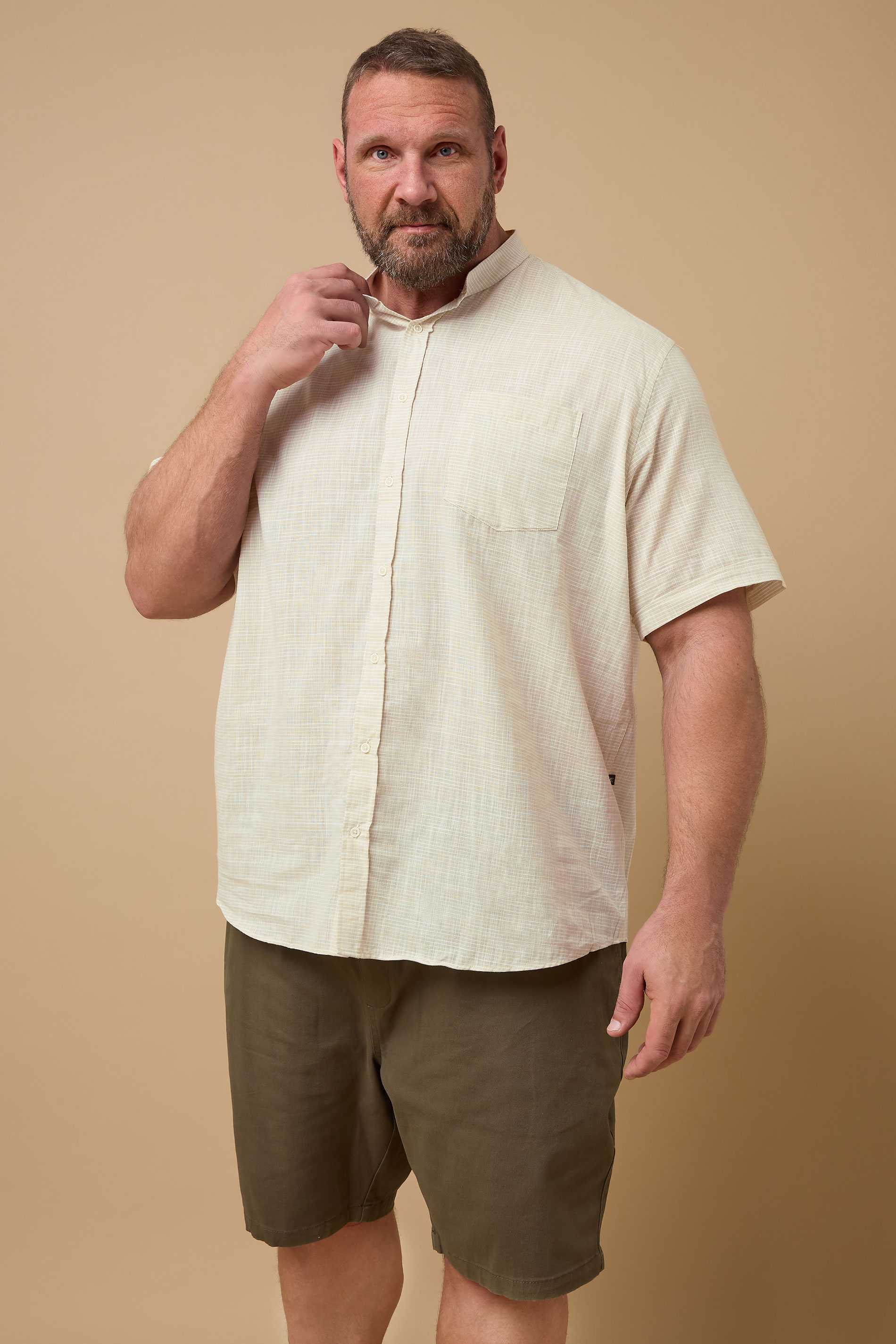 KAM Big & Tall Stone Brown Stripe Grandad Collar Shirt | BadRhino 1