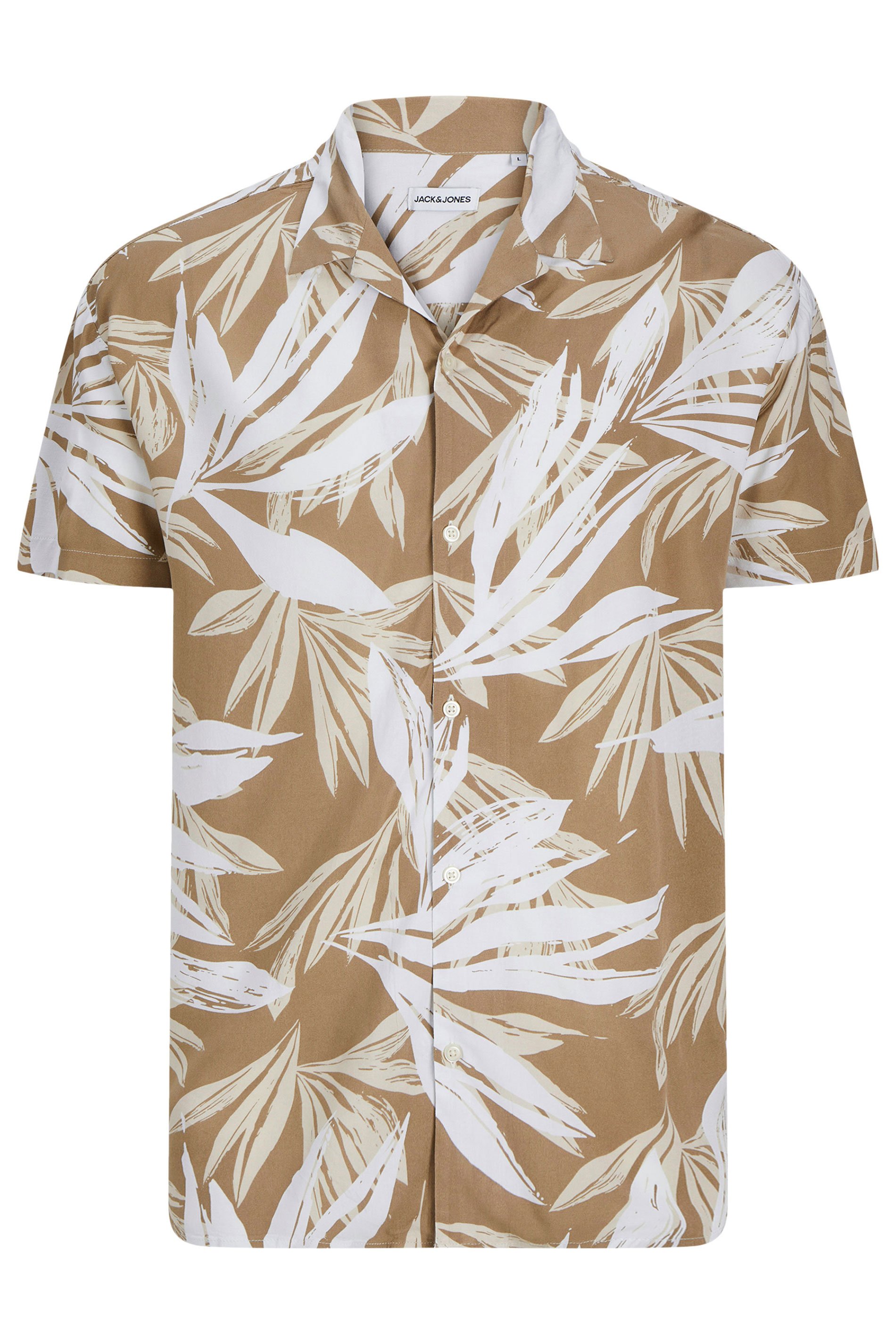 JACK & JONES Big & Tall Beige Brown Tropical Palm Collar Resort Shirt | BadRhino 2