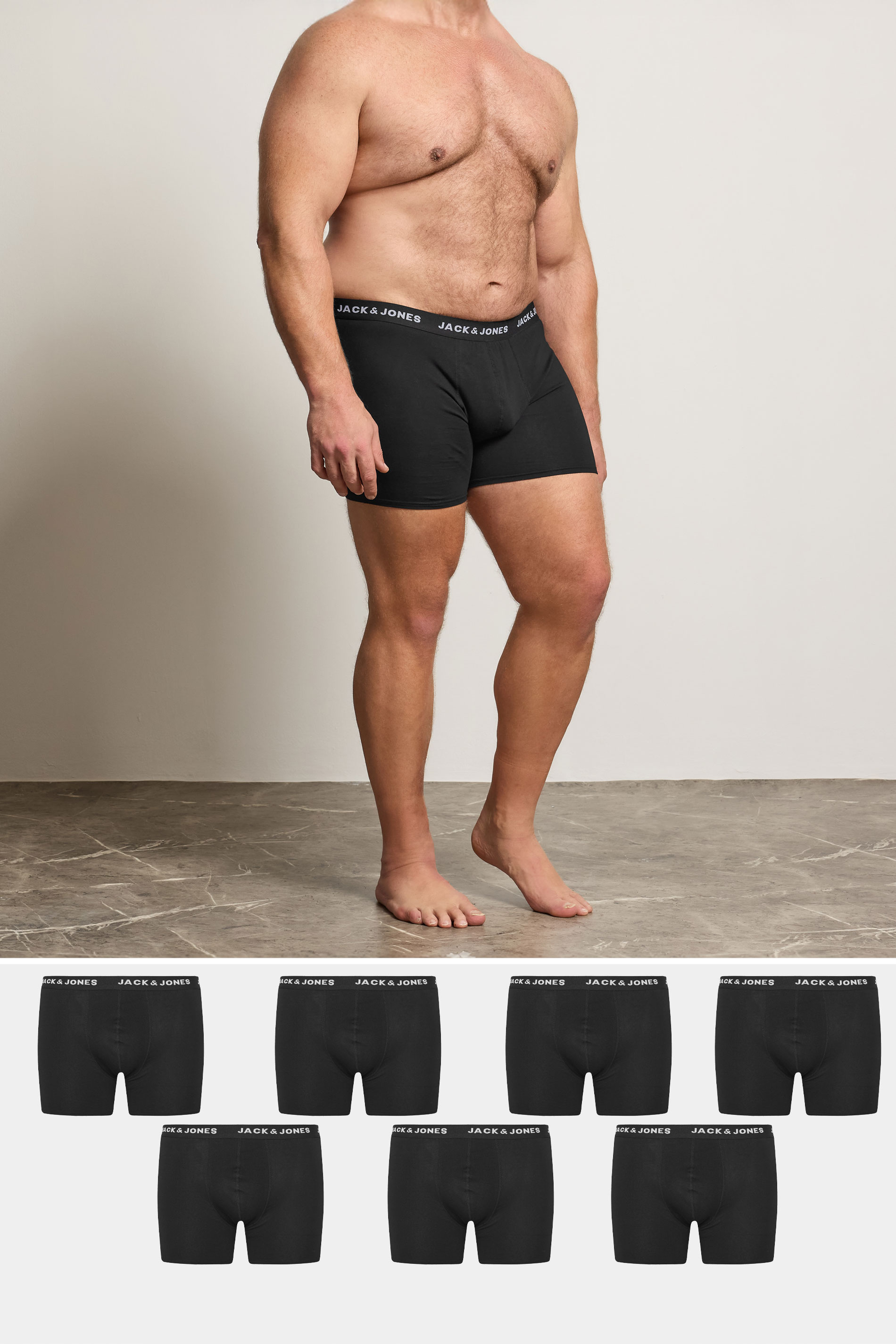 JACK & JONES Big & Tall 7 PACK Black Branded Boxers | BadRhino  1