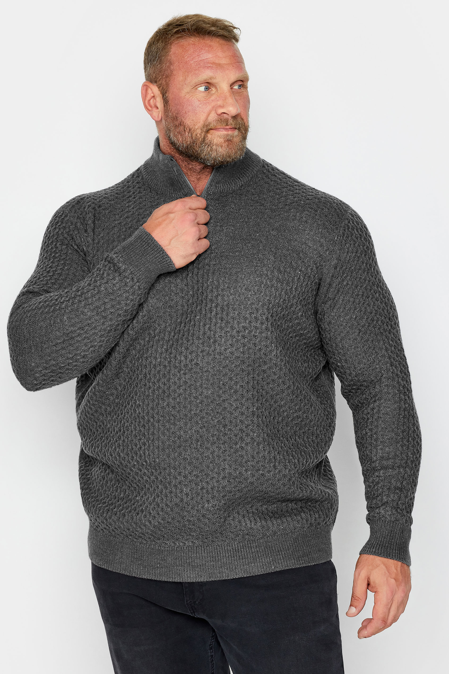 BadRhino Big & Tall Grey Quarter Zip Knitted Jumper | BadRhino 2