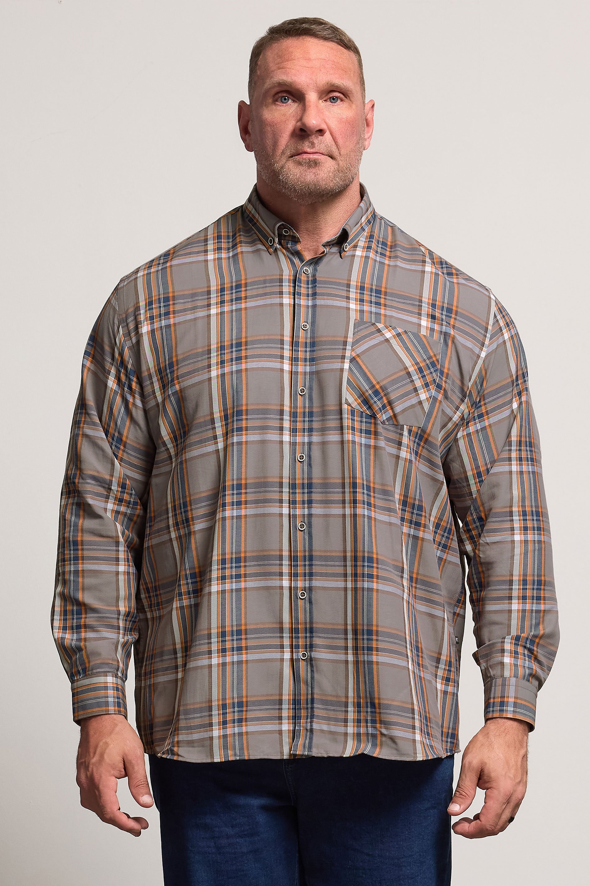 KAM Big & Tall Stone Grey Long Sleeve Check Shirt | BadRhino 1