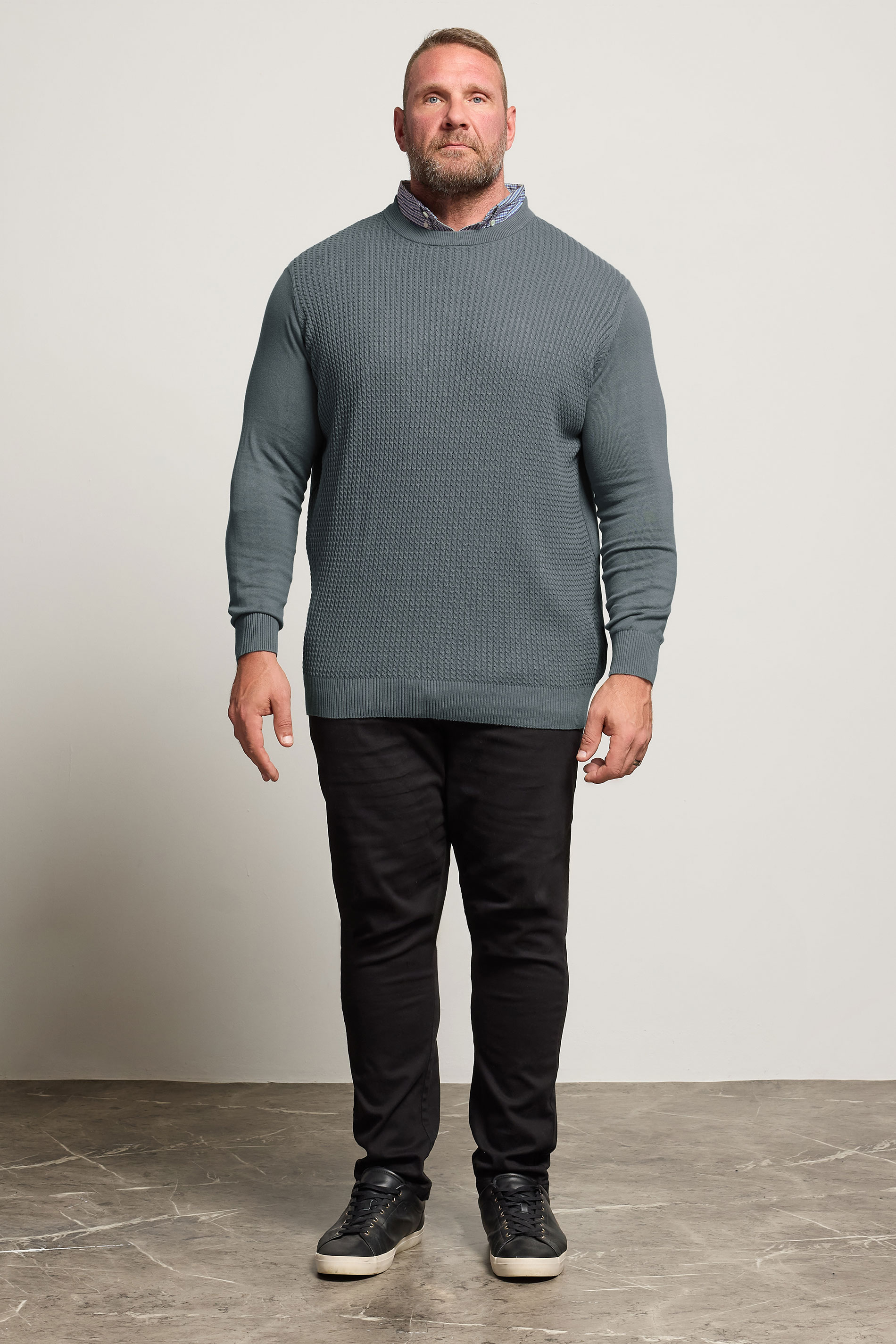 BadRhino Big & Tall Storm Blue Cable Knit Mock Shirt Jumper | BadRhino 2