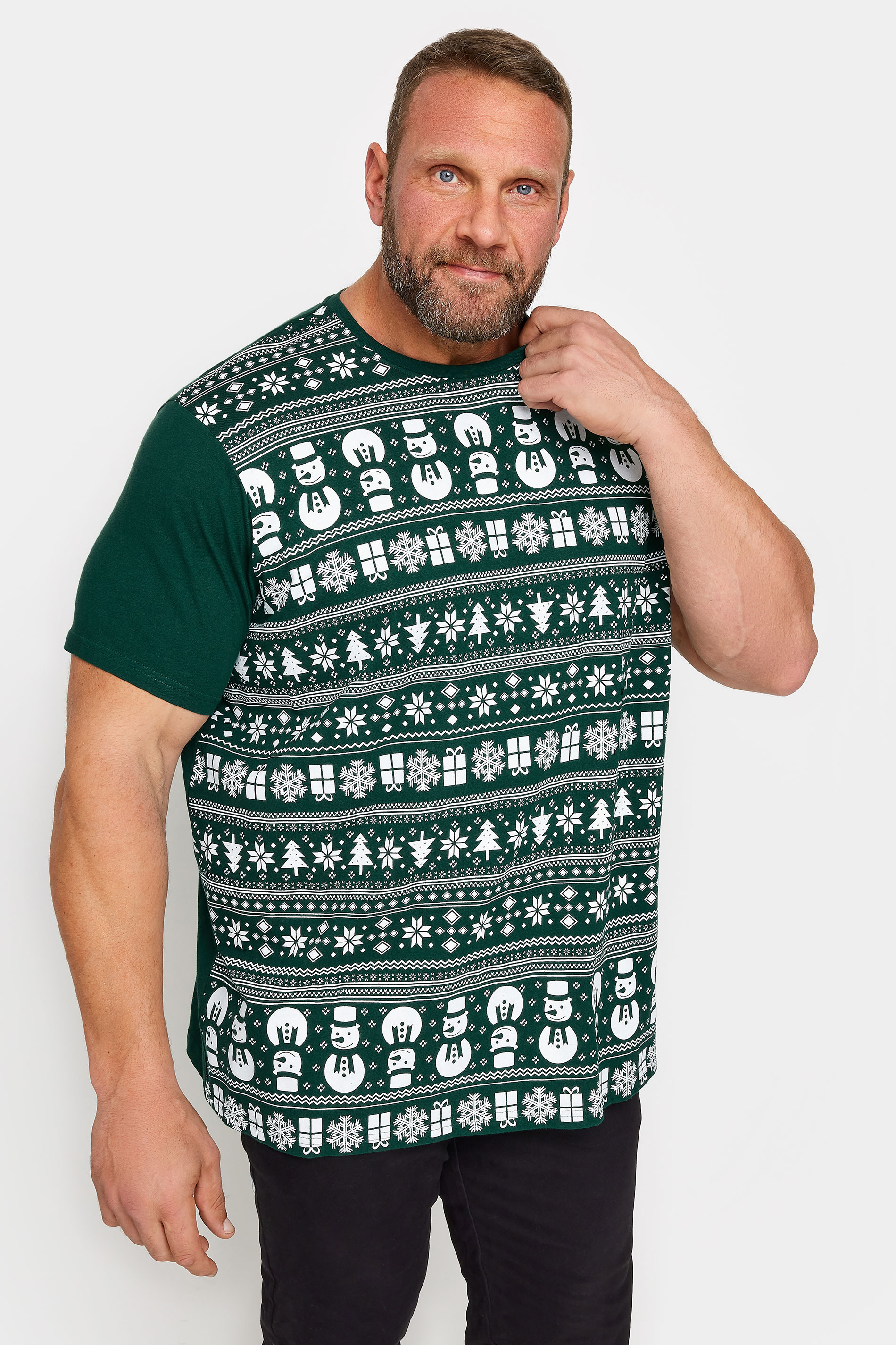 BadRhino Big & Tall Green Snowman Fairisle Christmas T-Shirt | BadRhino