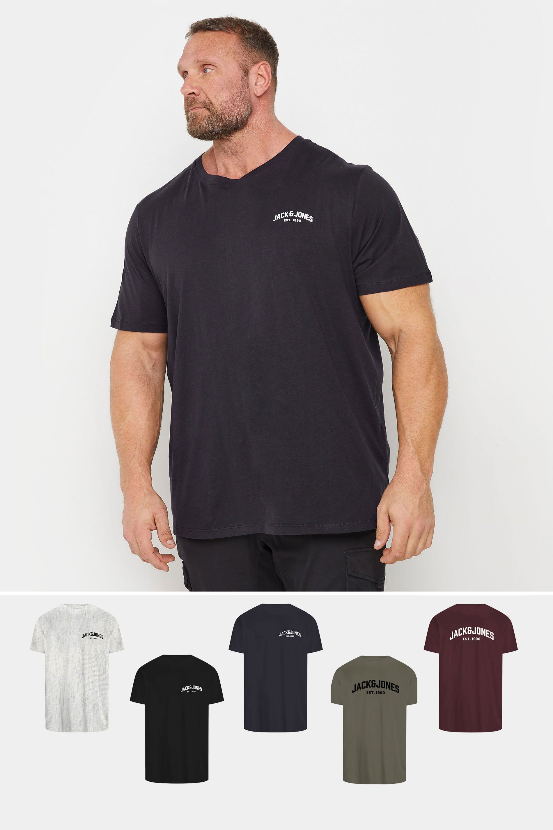 JACK & JONES Big & Tall 5 PACK Grey & Green Crew Neck T-Shirts | BadRhino 1