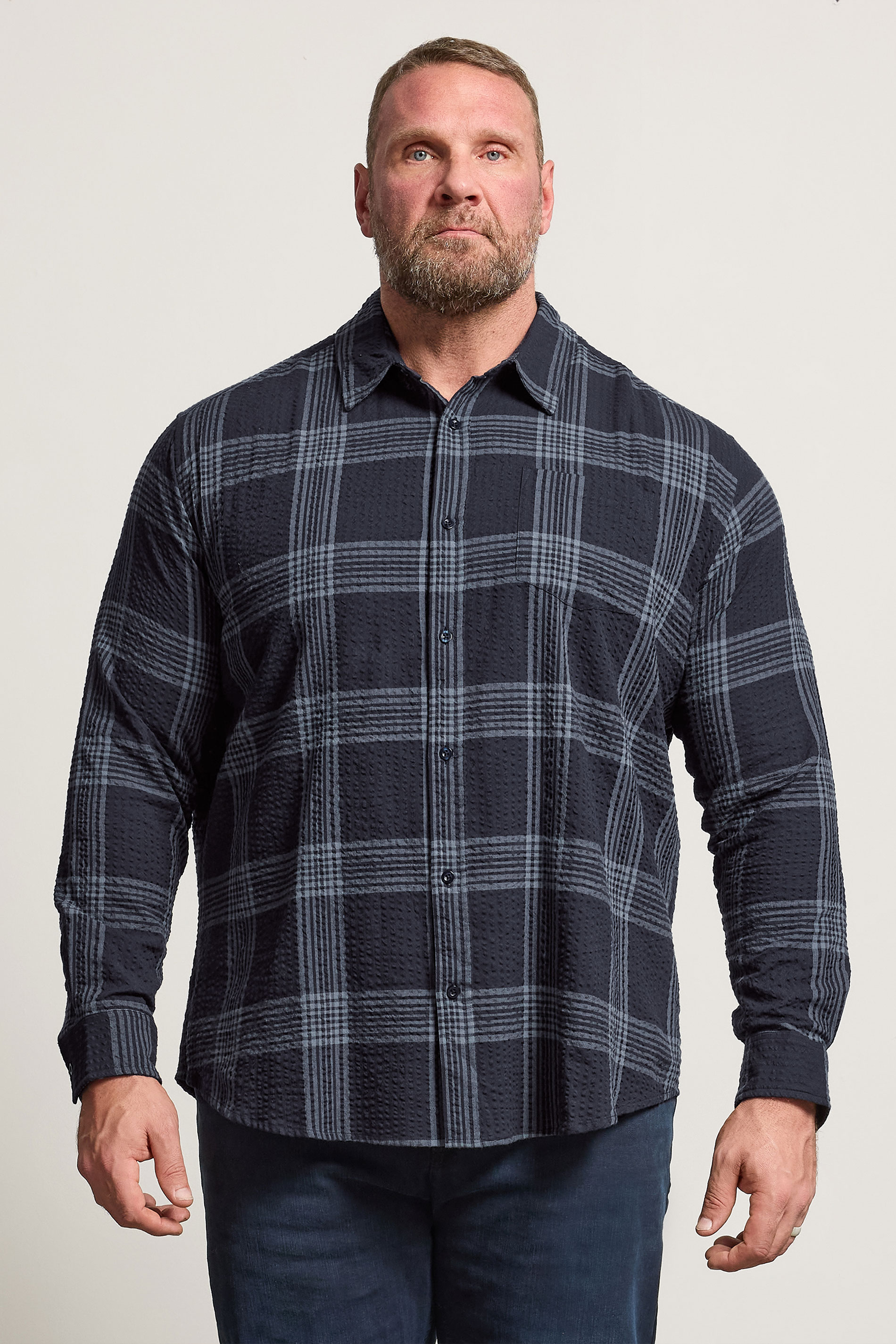 BadRhino Big & Tall Navy Blue Textured Checked Shirt | BadRhino 1