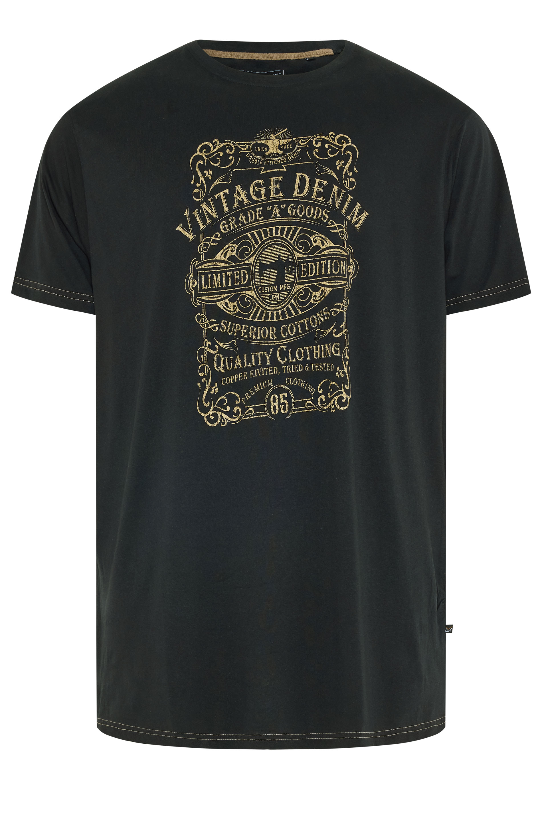 KAM Big & Tall Black Vintage Denim Graphic Print T-Shirt | BadRhino 1