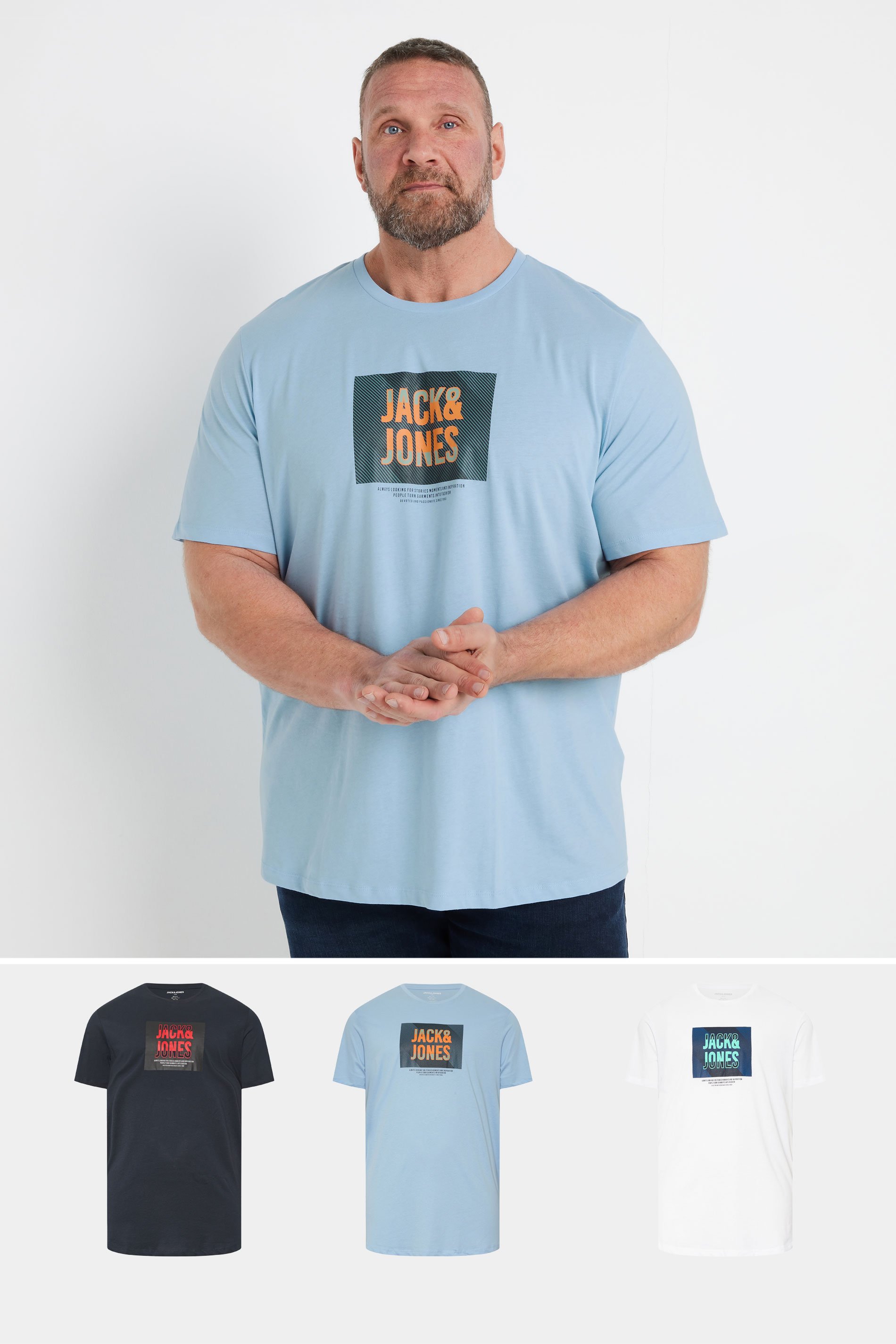 JACK & JONES Big & Tall 3 PACK Blue Branded Logo Print T-Shirts | BadRhino 1