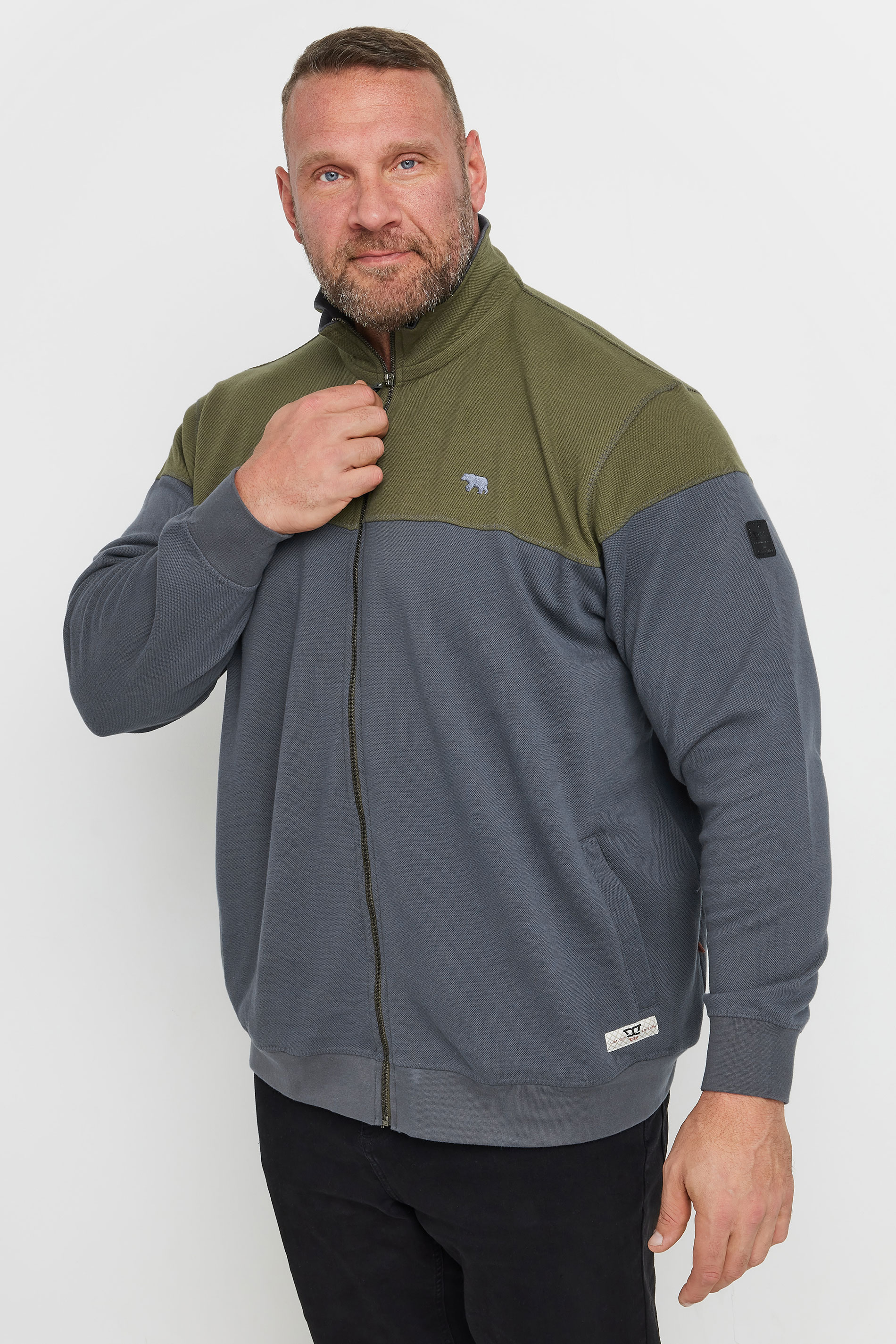 D555 Big & Tall Khaki Green & Grey Zip Through Embroidered Logo Fleece | BadRhino 2