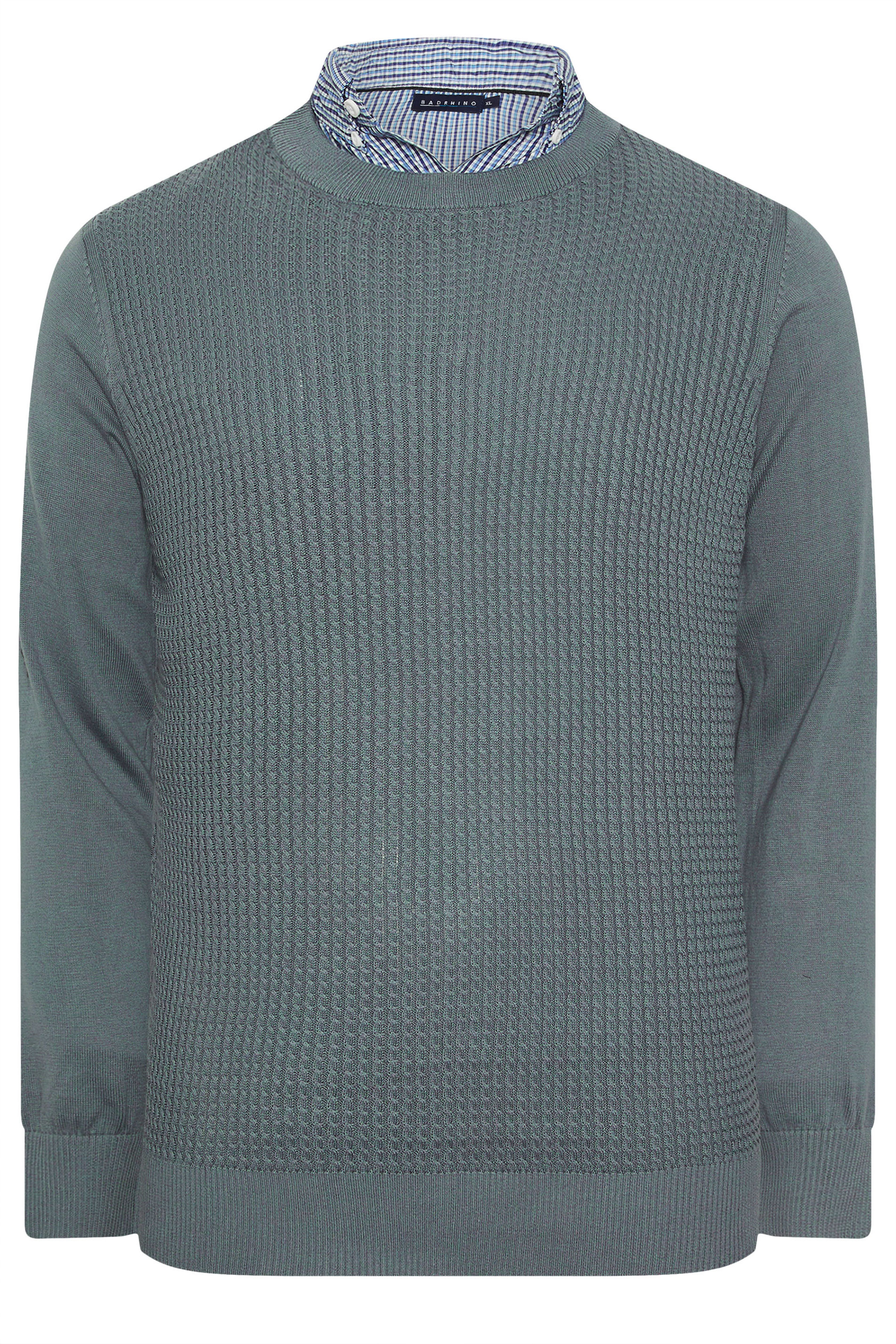 BadRhino Big & Tall Storm Blue Cable Knit Mock Shirt Jumper | BadRhino 5