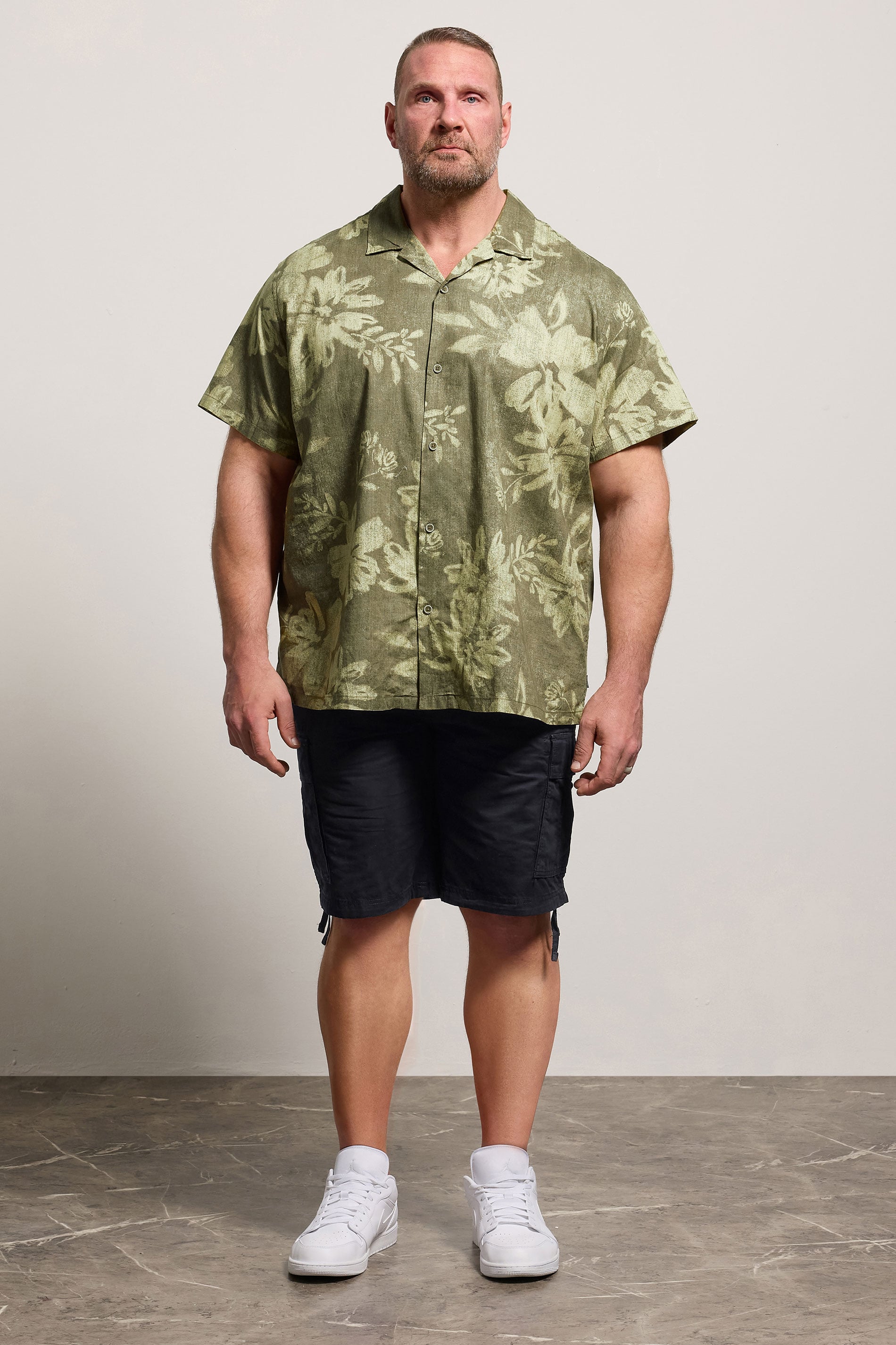 JACK & JONES Big & Tall Smokey Olive Green Tropical Print Short Sleeve Shirt | BadRhino 1