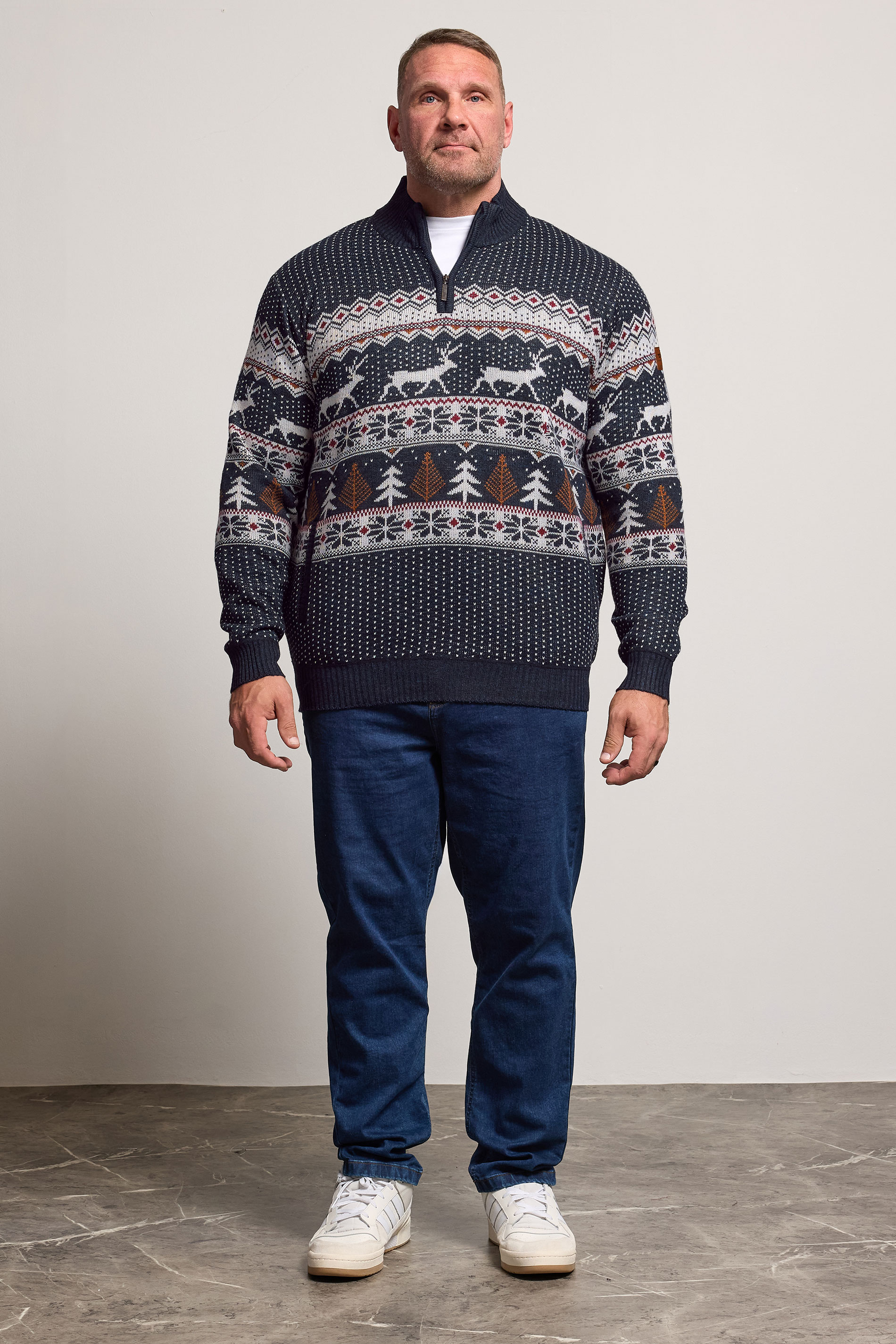 D555 Big & Tall Navy Blue Christmas Quarter Zip Jumper | BadRhino 2