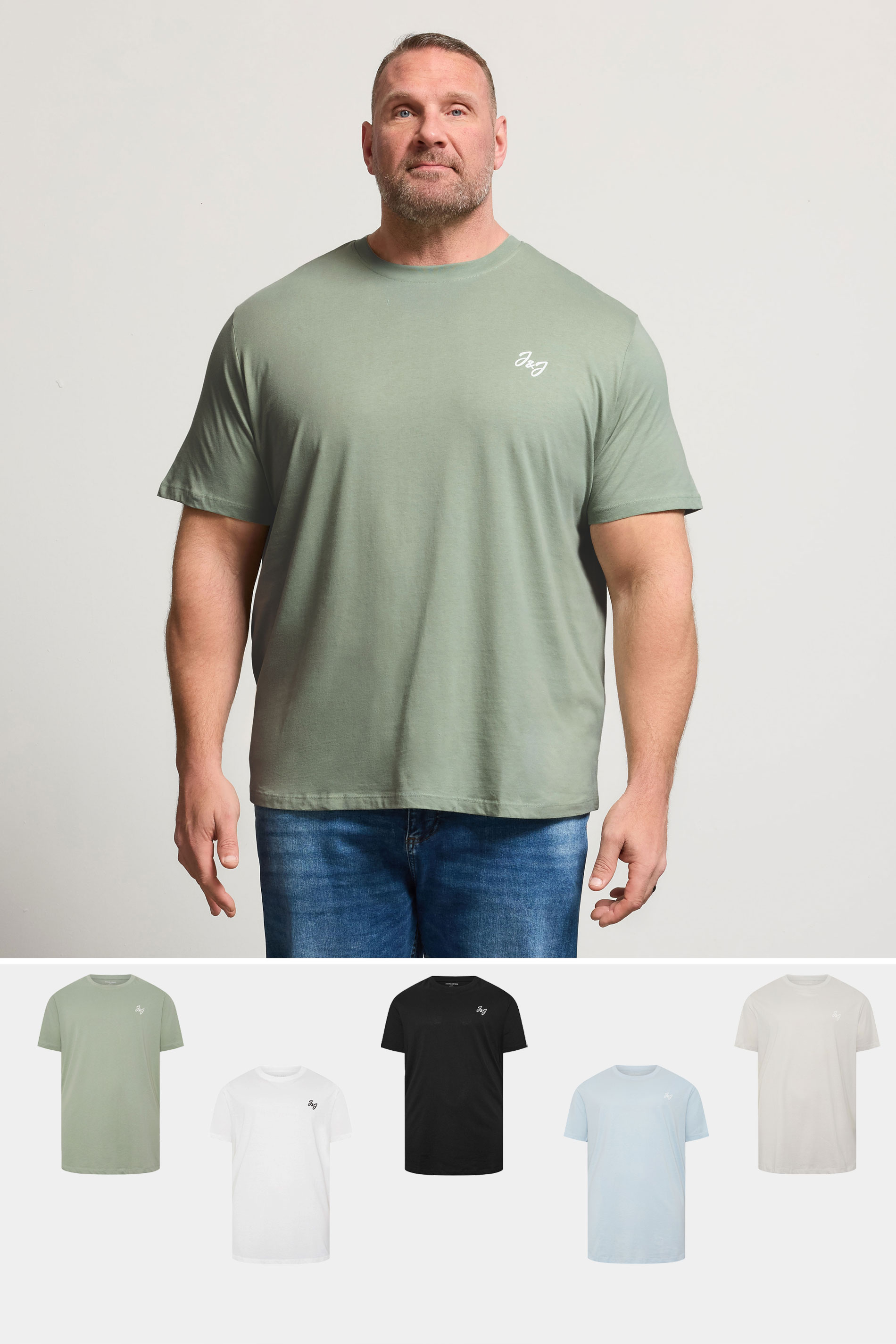 JACK & JONES Big & Tall 5 PACK White/Blue/Black/Green/Off-White T-Shirts | BadRhino 3