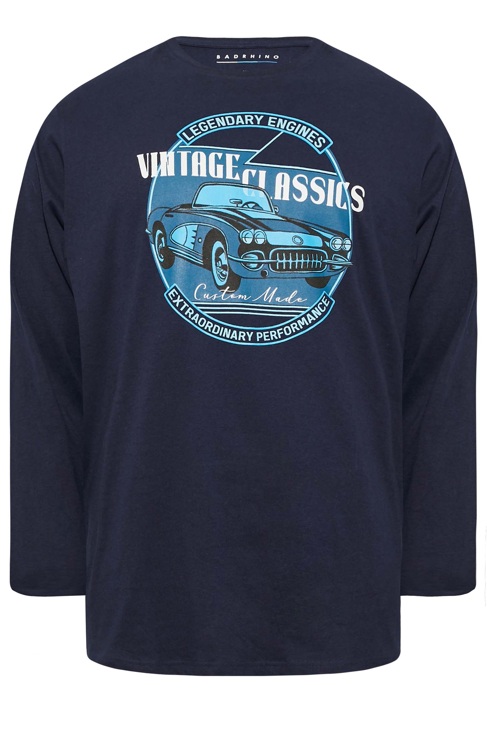 BadRhino Big & Tall Navy Blue 'Vintage Classics' Car Print Long Sleeve T-shirt | BadRhino 3