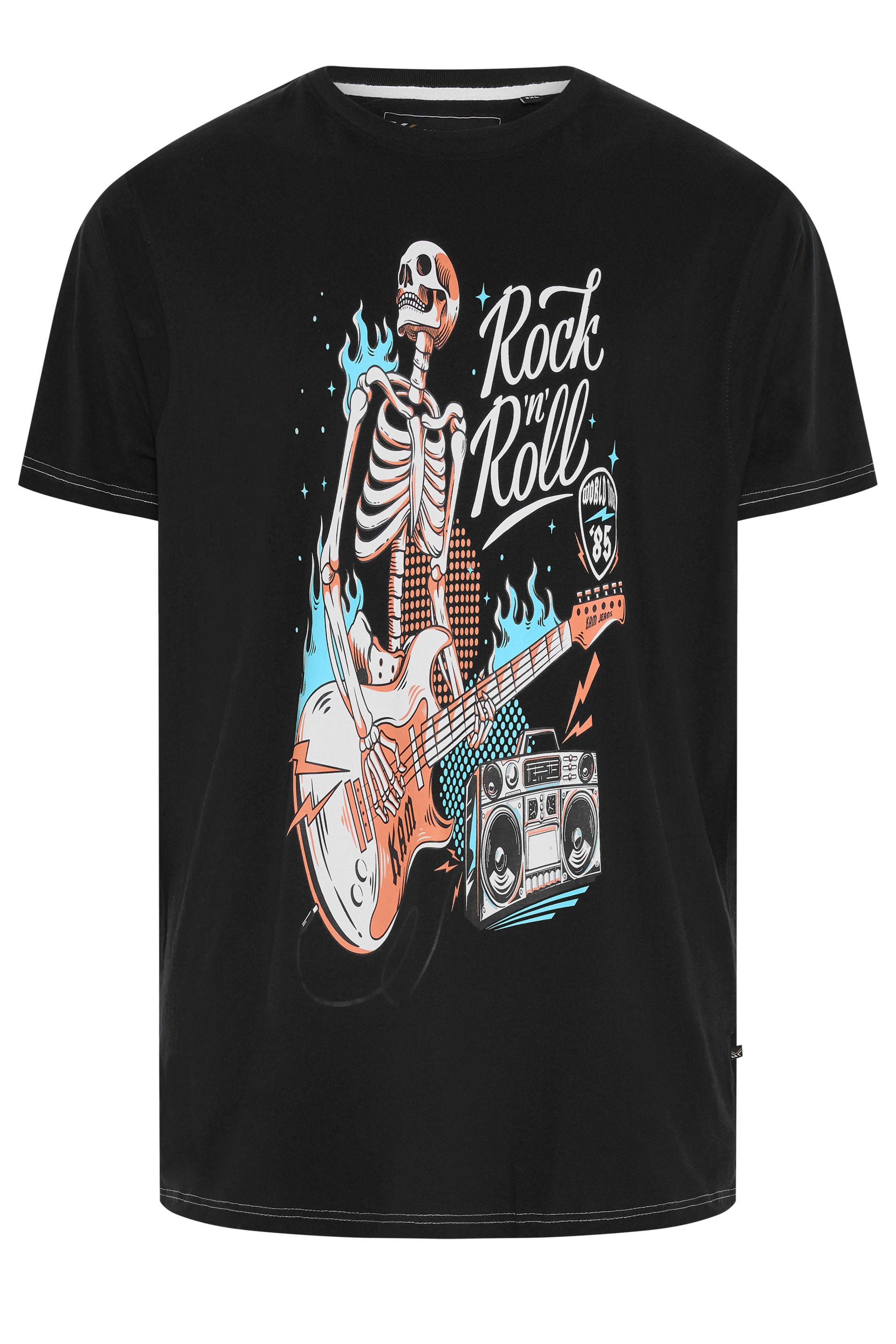 KAM Big & Tall Jet Black Rock N Roll Skeleton Print T-Shirt | BadRhino 1