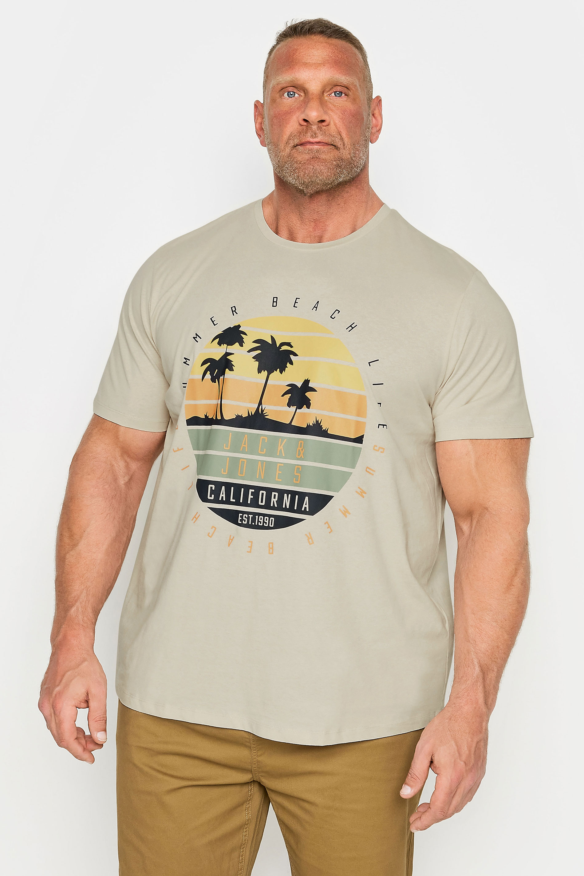 JACK & JONES Cream 'Beach Life' Summer Vibe Crew Neck T-Shirt | BadRhino 1