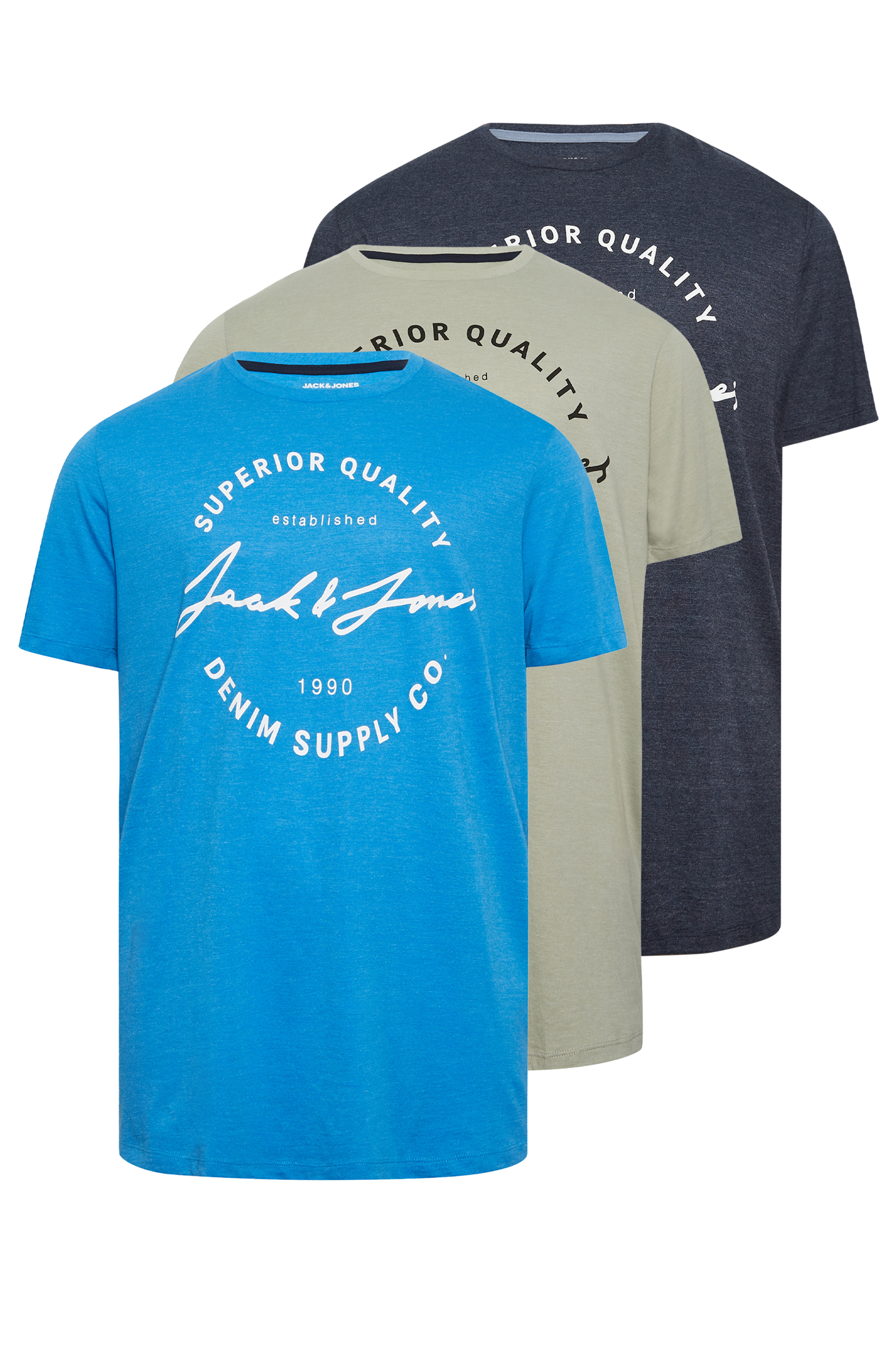 JACK & JONES Big & Tall 3 PACK Blue & Grey Logo Printed T-Shirts | BadRhino  2
