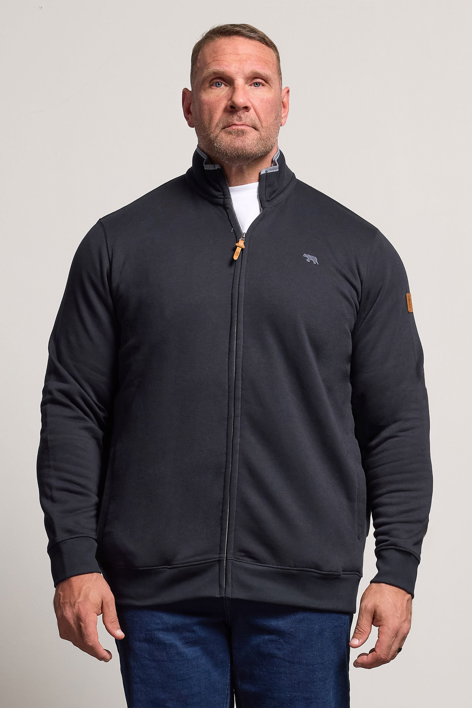 D555 Big & Tall Navy Blue Embroidery Zip Through Fleece Lined Jacket | BadRhino 1