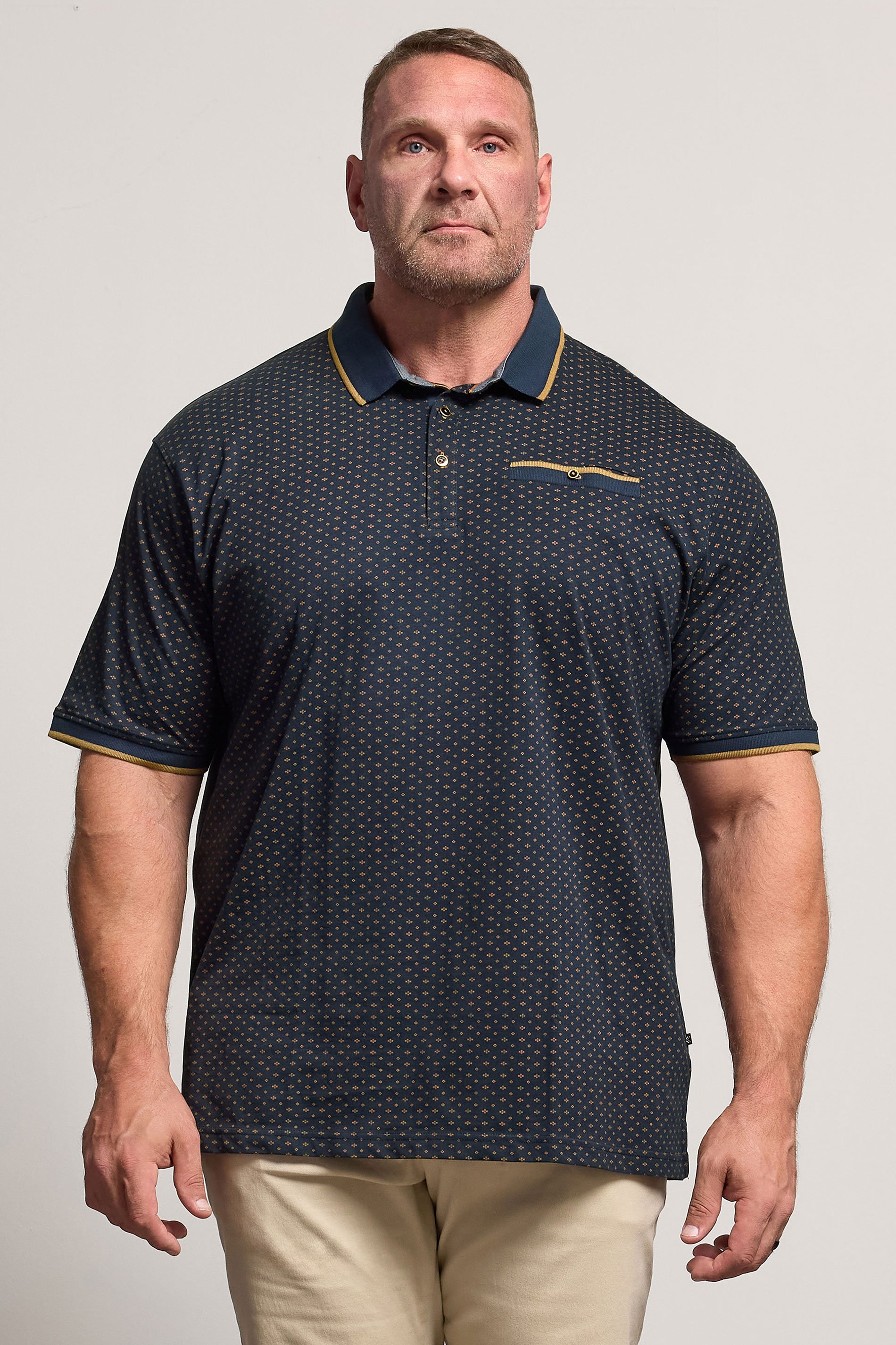 KAM Indigo Blue Geometric Print Short Sleeve Polo Shirt | BadRhino 1