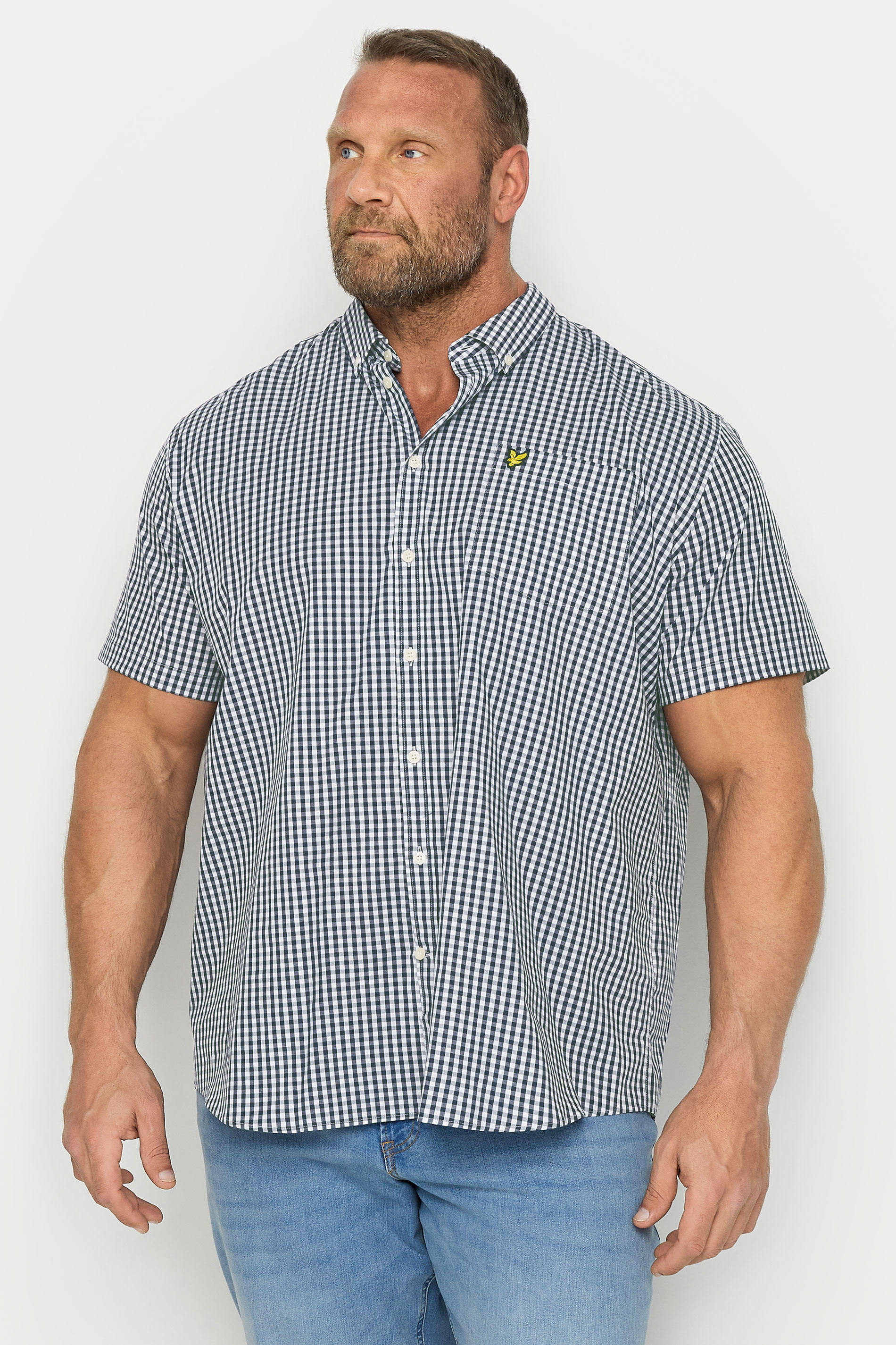 LYLE & SCOTT Big & Tall Navy Blue Short Sleeve Gingham Shirt | BadRhino 1