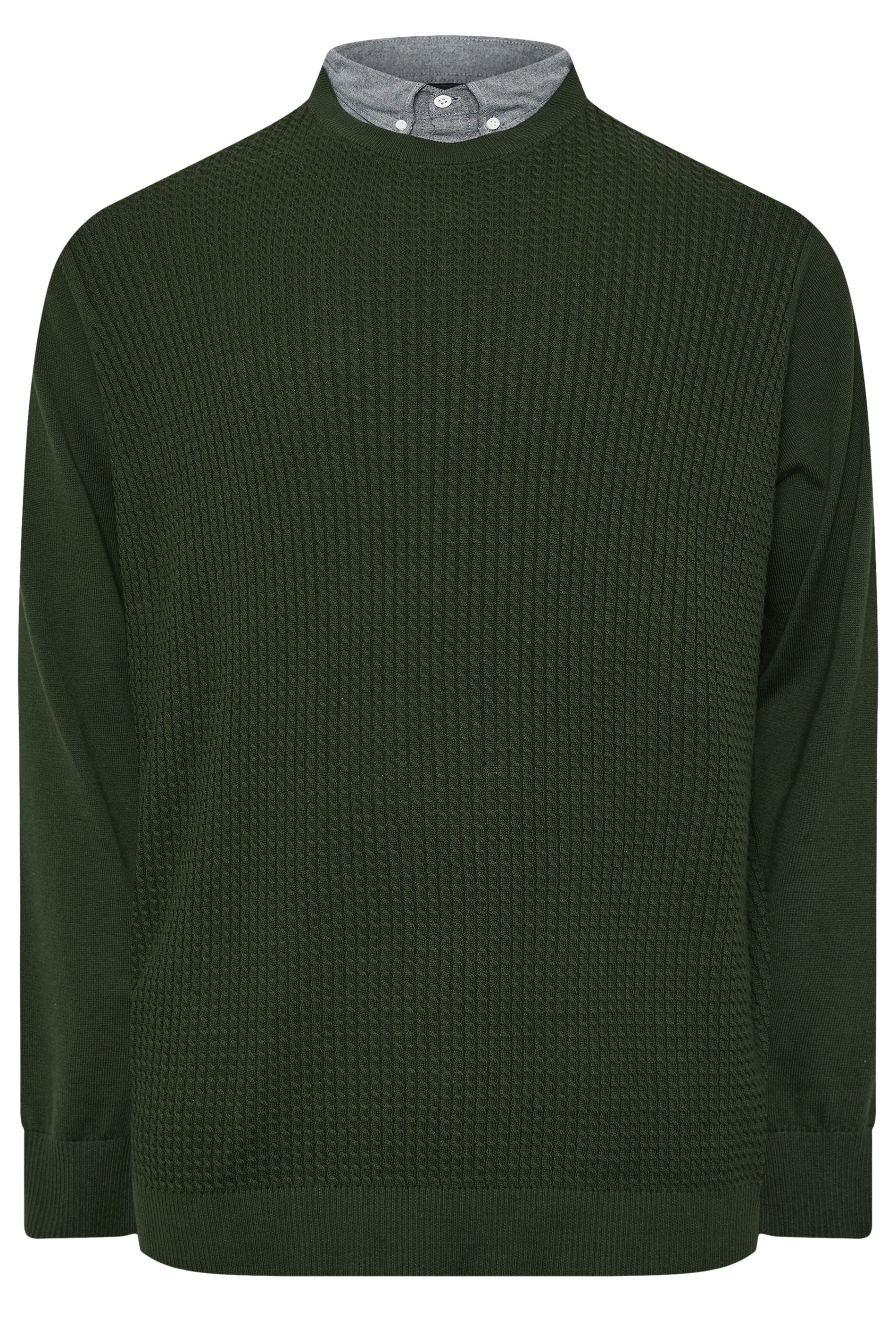 BadRhino Big & Tall Dark Green Cable Knit Mock Shirt Jumper | BadRhino 6