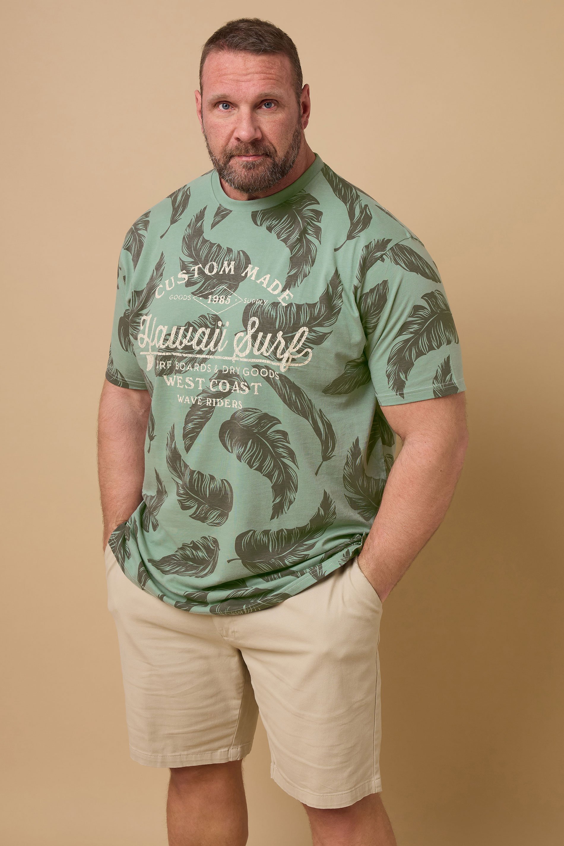 KAM Big & Tall Sage Green 'Hawaii Surf' Leaf Print T-Shirt | BadRhino 1