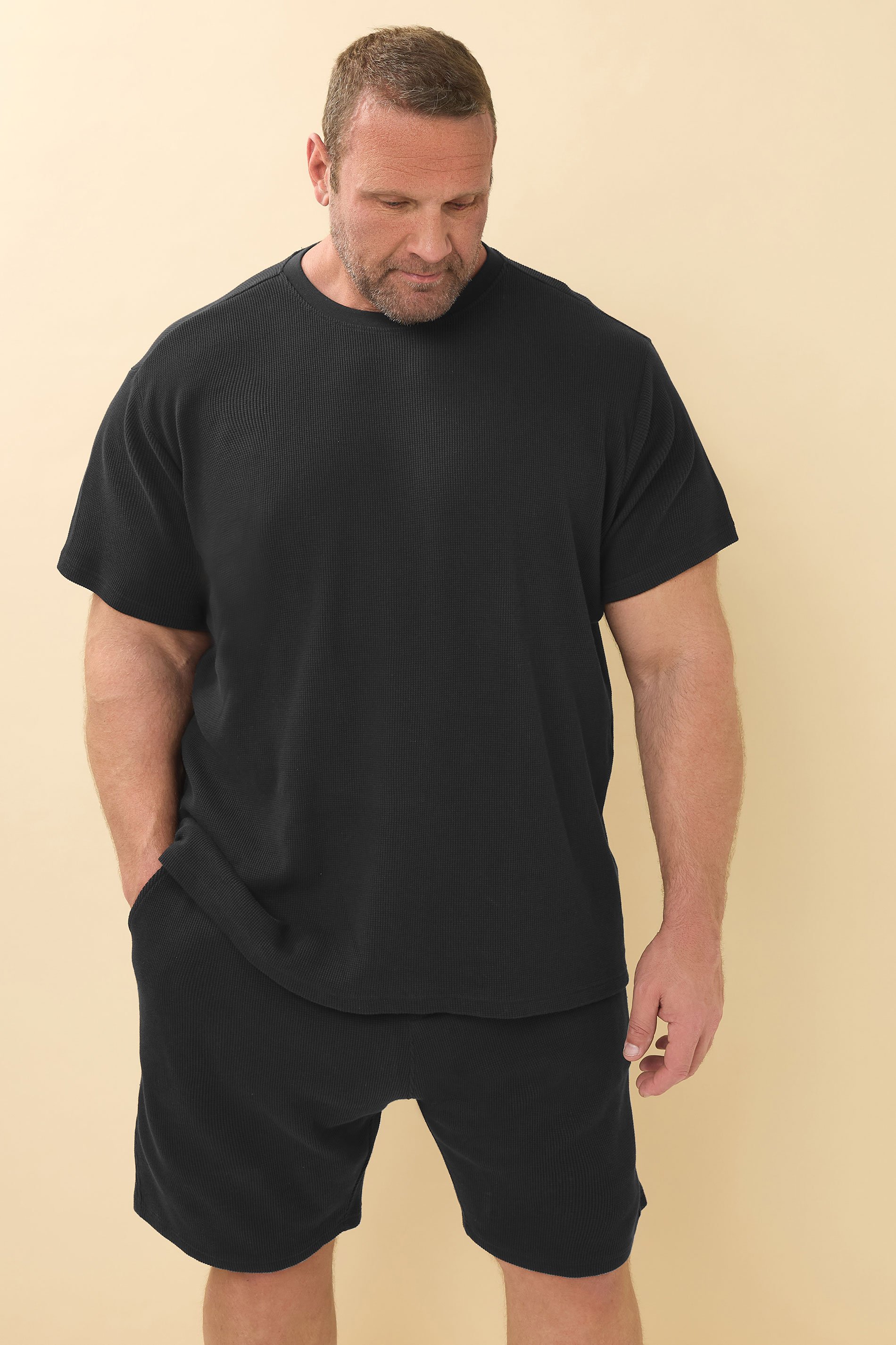 STUDIO A Big & Tall Black Waffle Textured Shorts | BadRhino 1