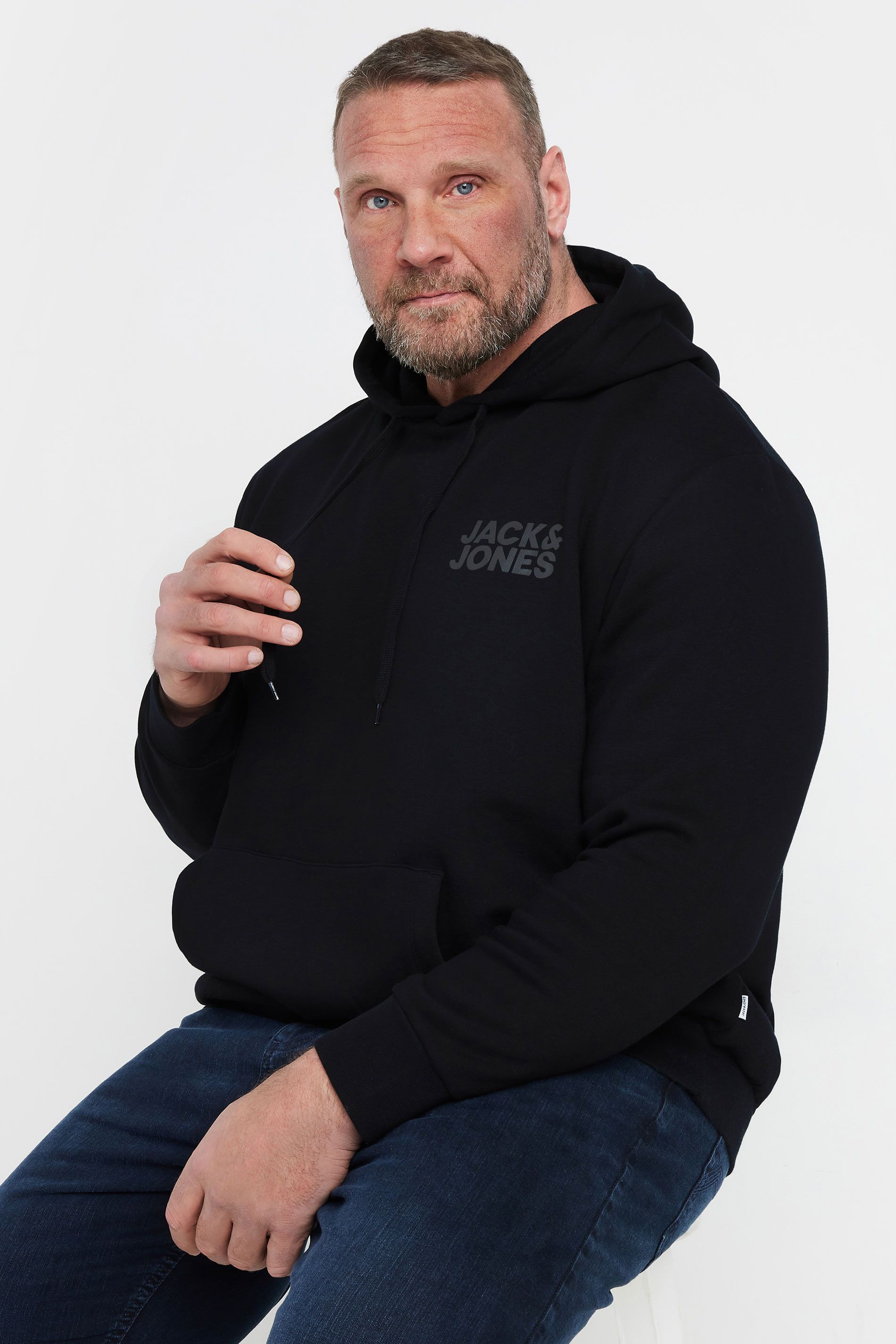 JACK & JONES Big & Tall Black Chest Print Logo Hoodie | BadRhino 2