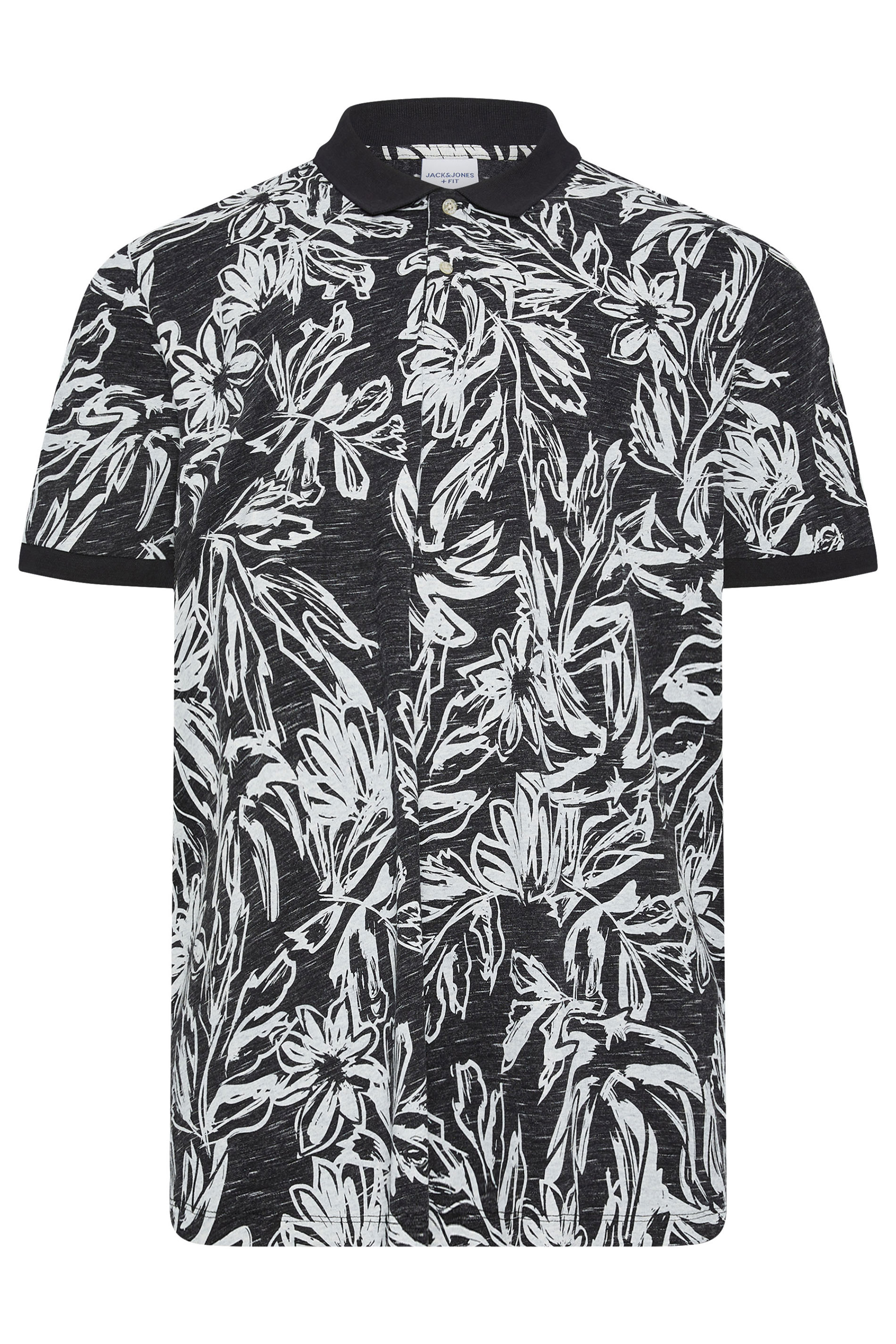 JACK & JONES Big & Tall Black Tropical Print Short Sleeve Polo Shirt | BadRhino 2