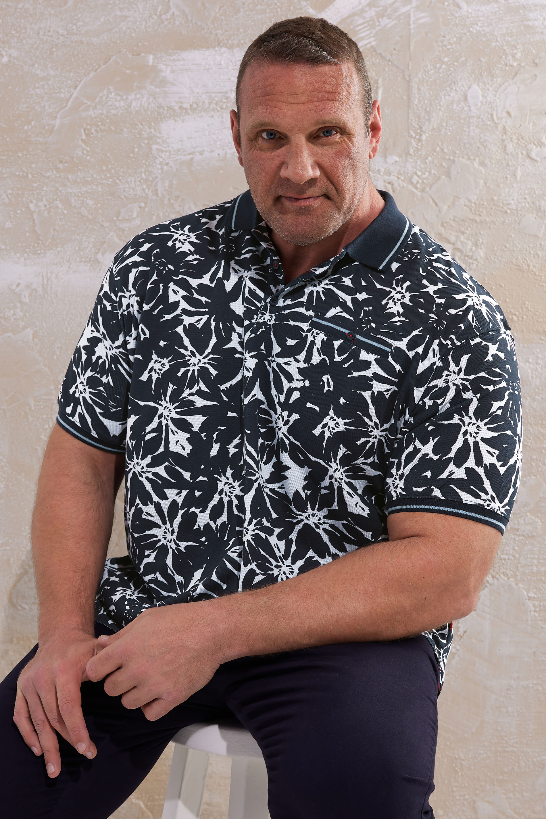 D555 Big & Tall Blue Cotton Hawaiian Print Polo Shirt | Bad Rhino 1