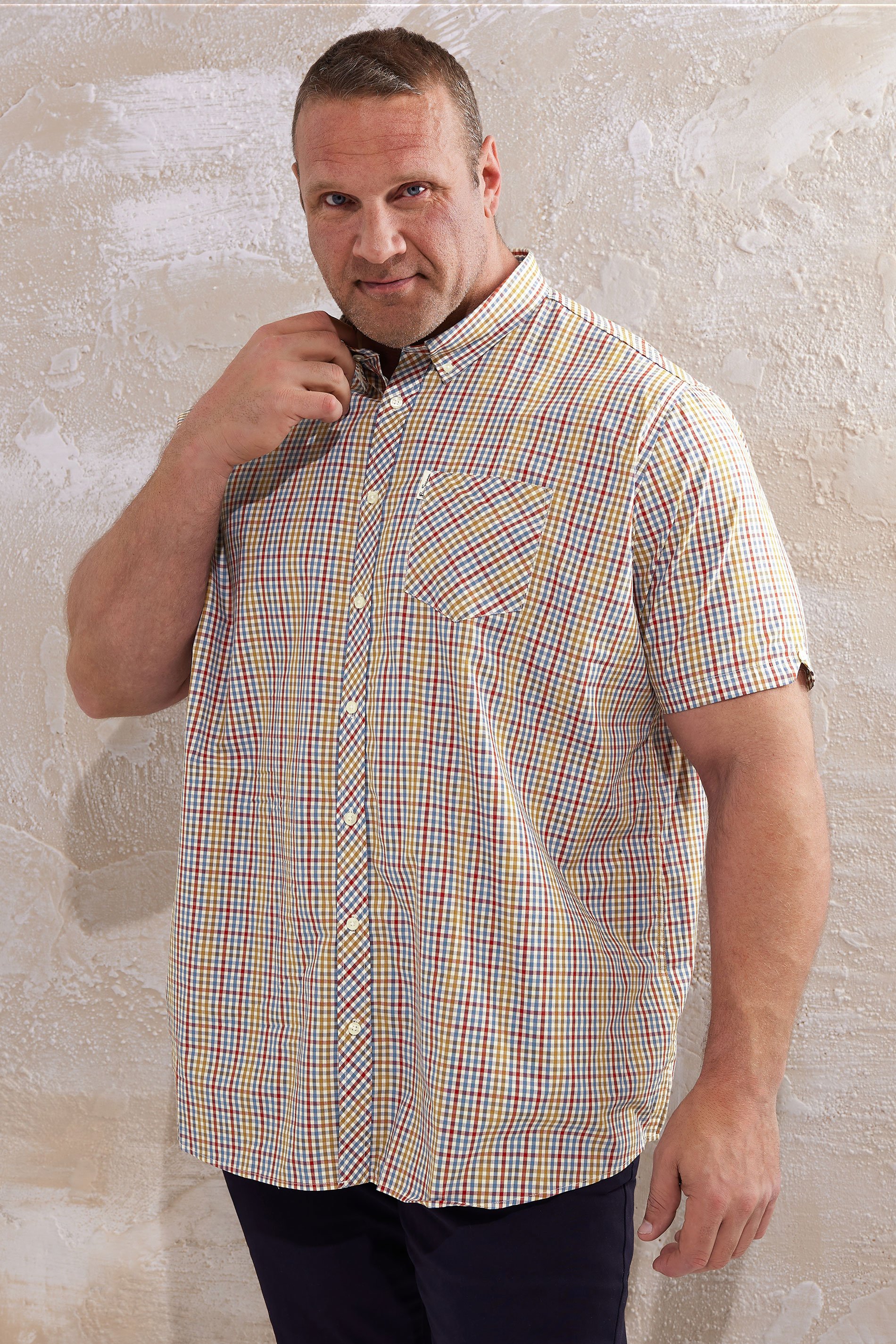 BEN SHERMAN Big & Tall White Gingham Button Through Shirt | BadRhino 1