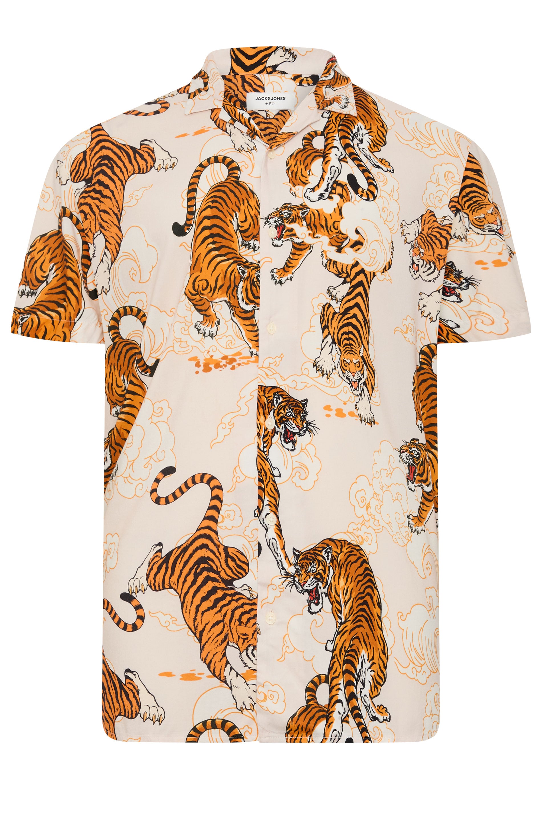 JACK & JONES Big & Tall Cream Tiger Print Resort Shirt | Badrhino 1