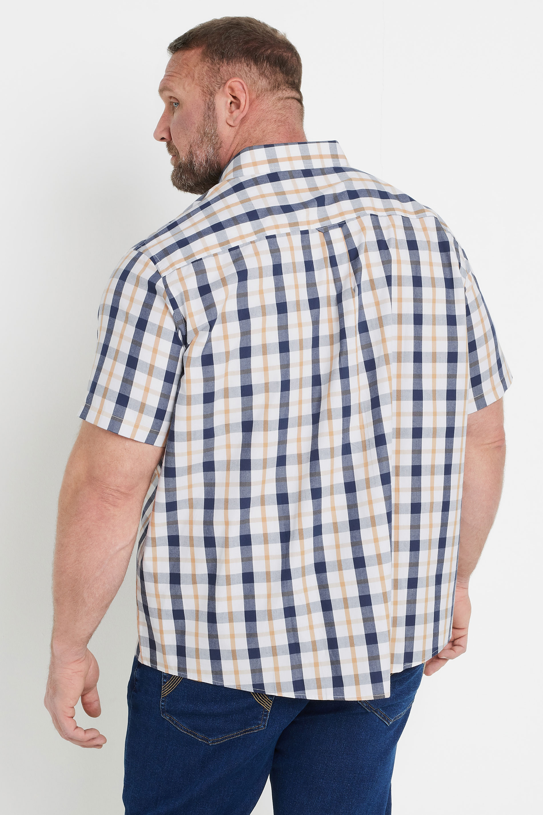 BadRhino Big & Tall Navy Blue & Tan Brown Short Sleeve Check Shirt | BadRhino 3
