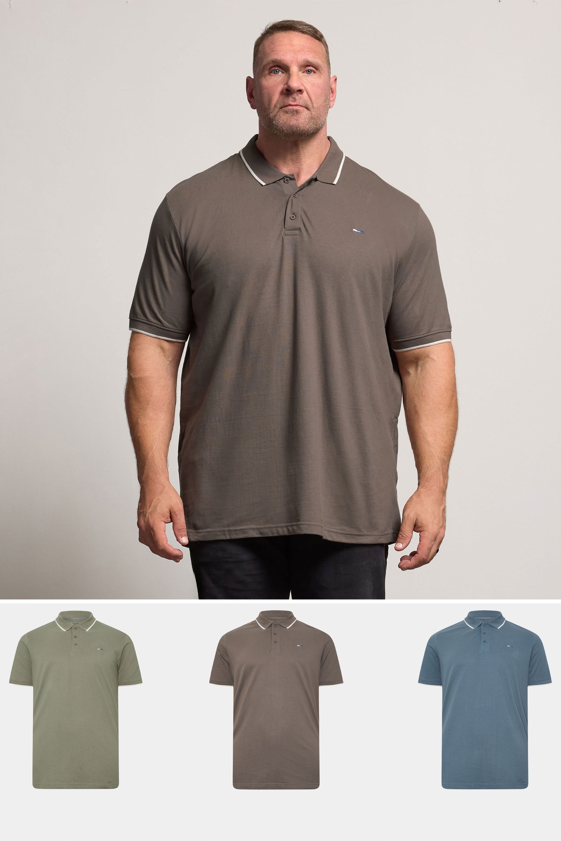 BadRhino Big & Tall 3 PACK Blue/Green/Brown Tipped Polo Shirt | BadRhino 1
