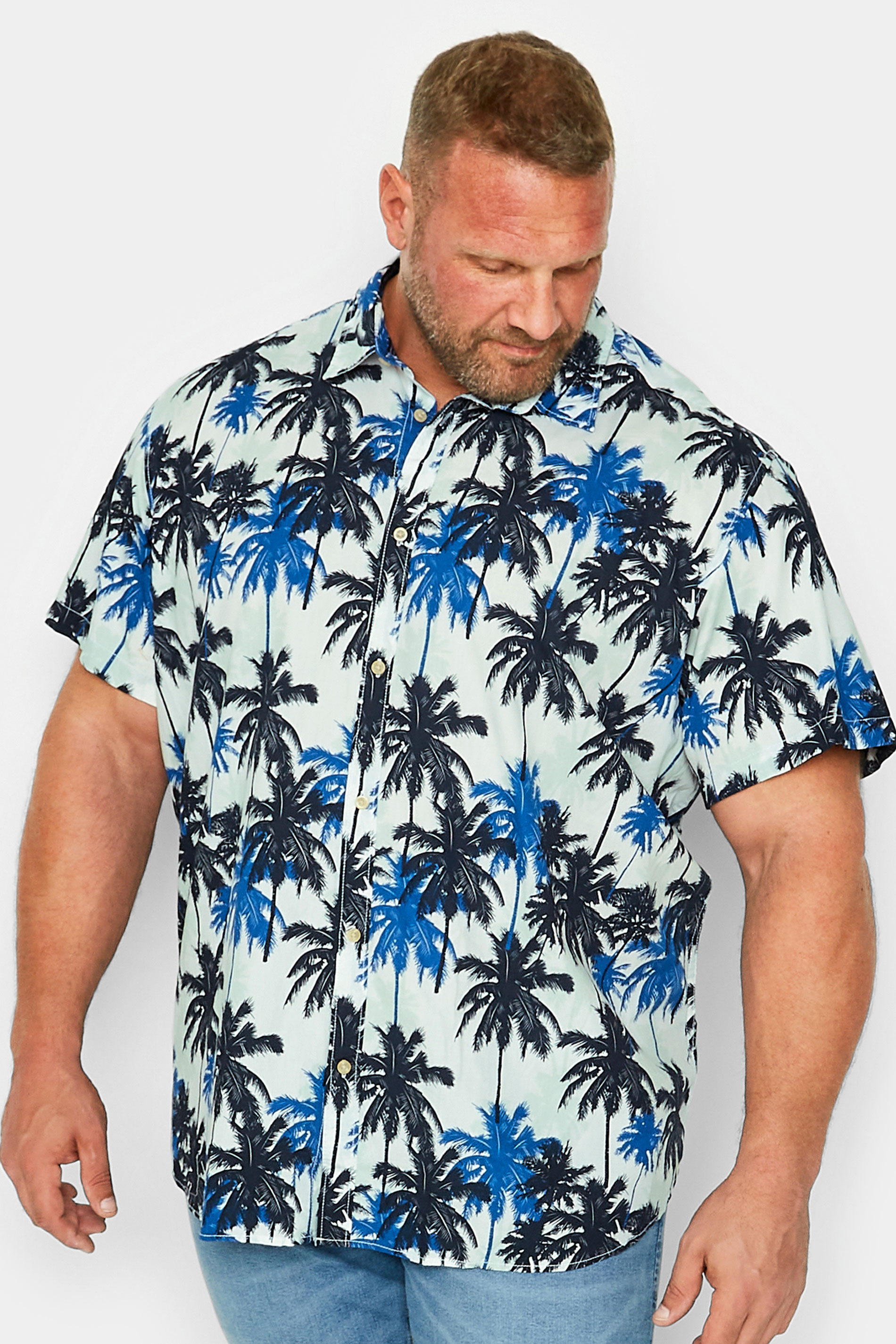 JACK & JONES Big & Tall Blue Palm Tree Print Short Sleeve Shirt | BadRhino  1