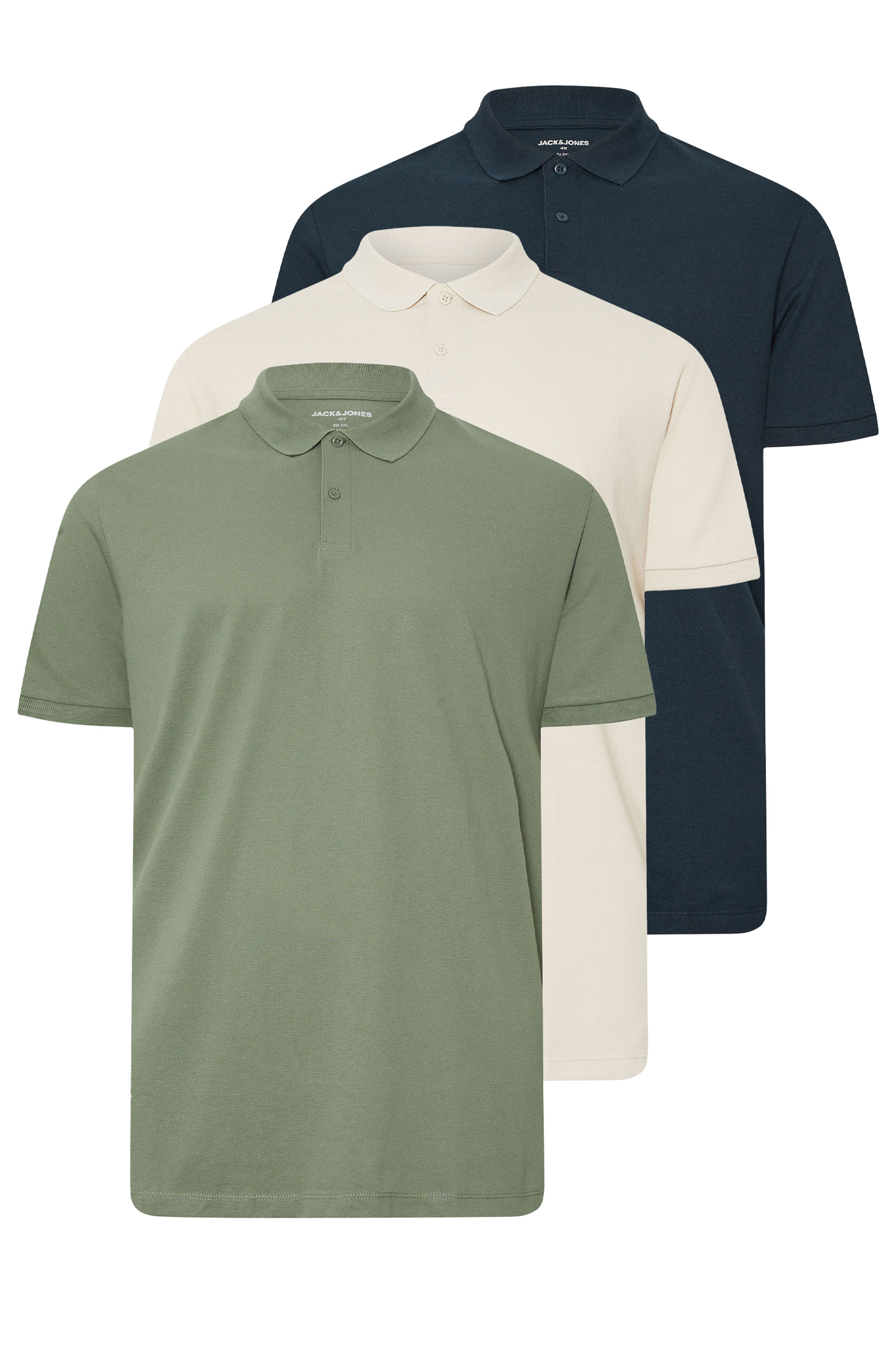 JACK & JONES Big & Tall 3 PACK Sage Green & Moonbeam White Polo shirts | BadRhino 3