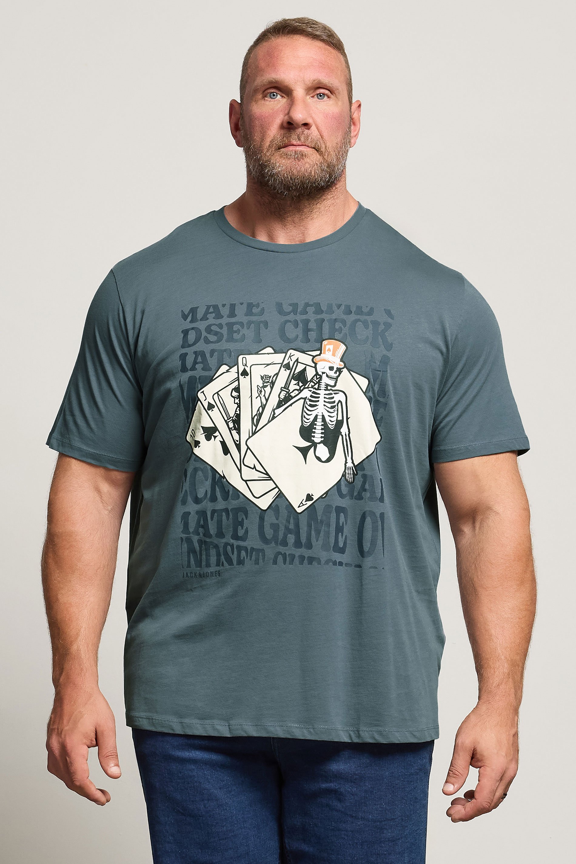 JACK & JONES Big & Tall Stormy Blue Cards Graphic T-Shirt | BadRhino 1