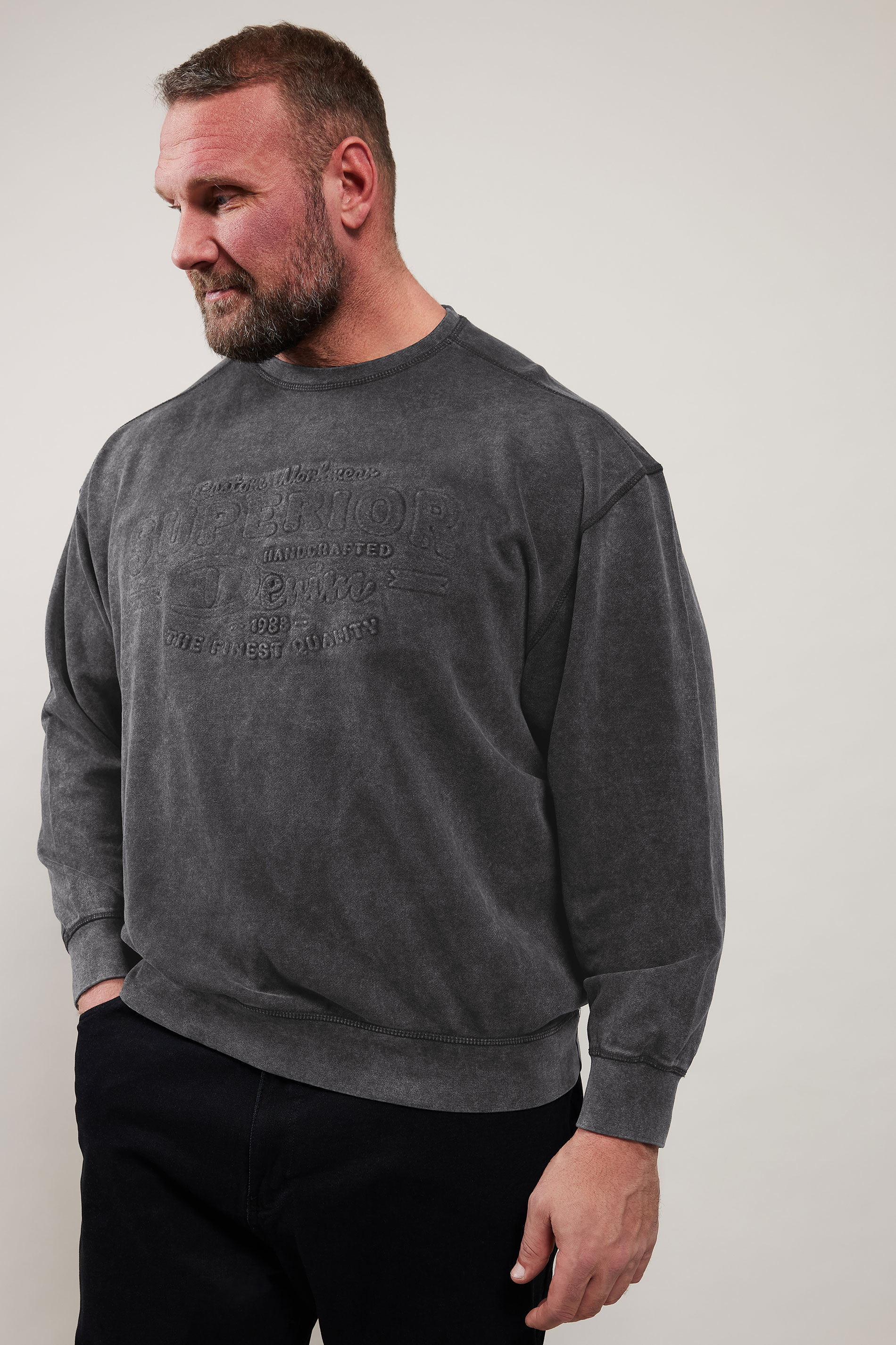 KAM Big & Tall Black Embossed Crew Neck Sweatshirt | BadRhino 1