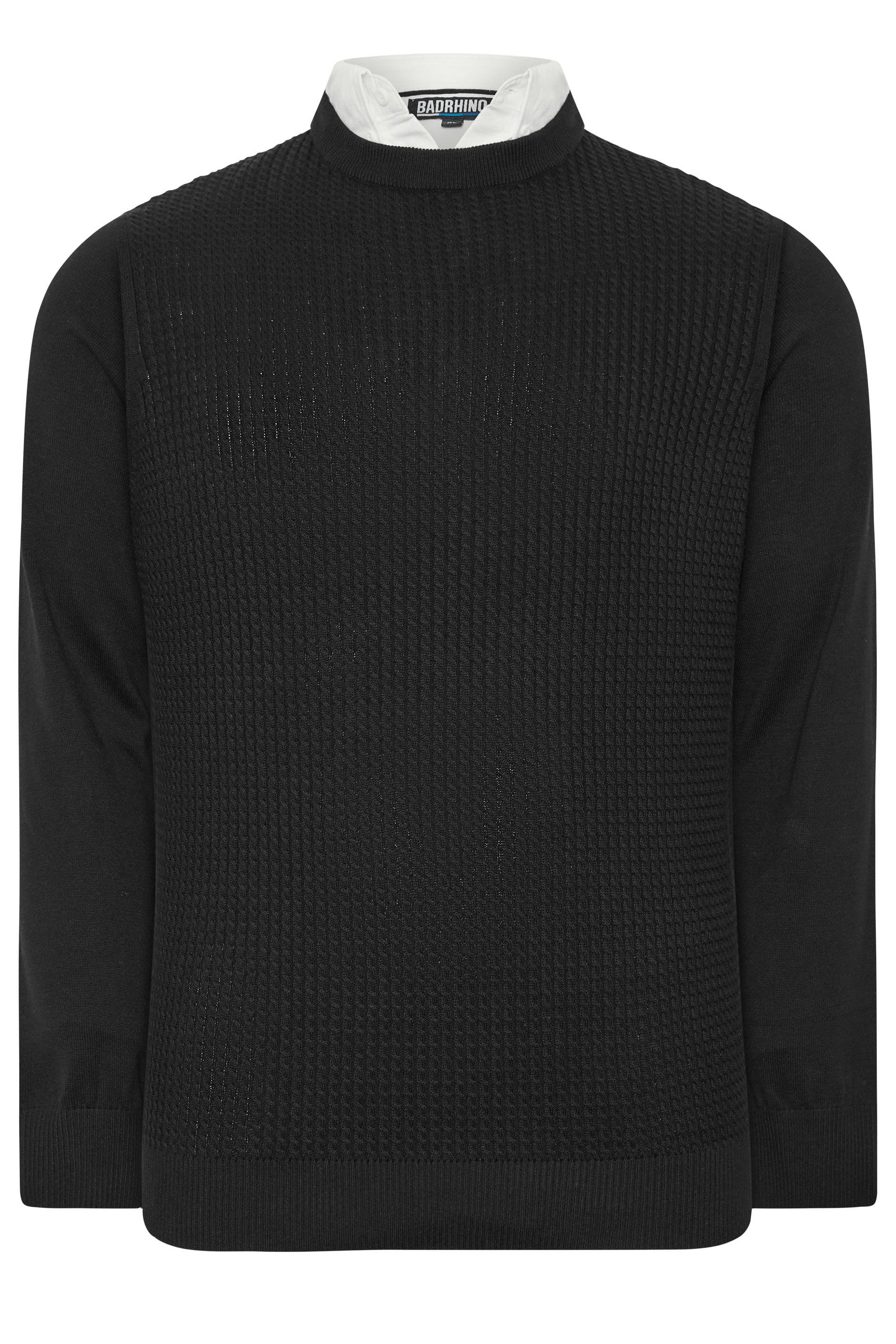 BadRhino Big & Tall Black Cable Knit Mock Shirt Jumper | BadRhino 2