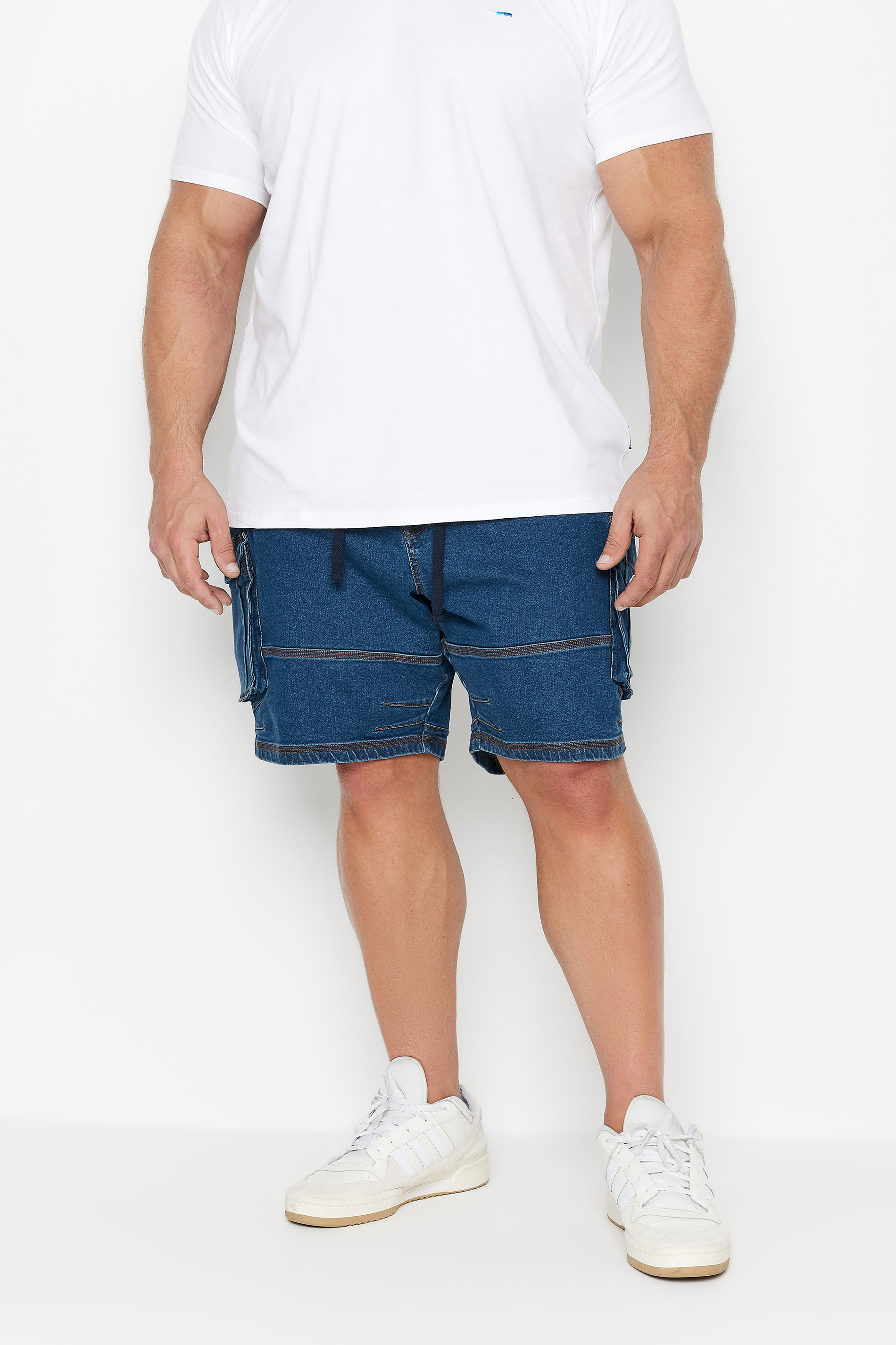 BadRhino Big & Tall Blue Mid Wash Elasticated Waist Denim Cargo Shorts | BadRhino 2