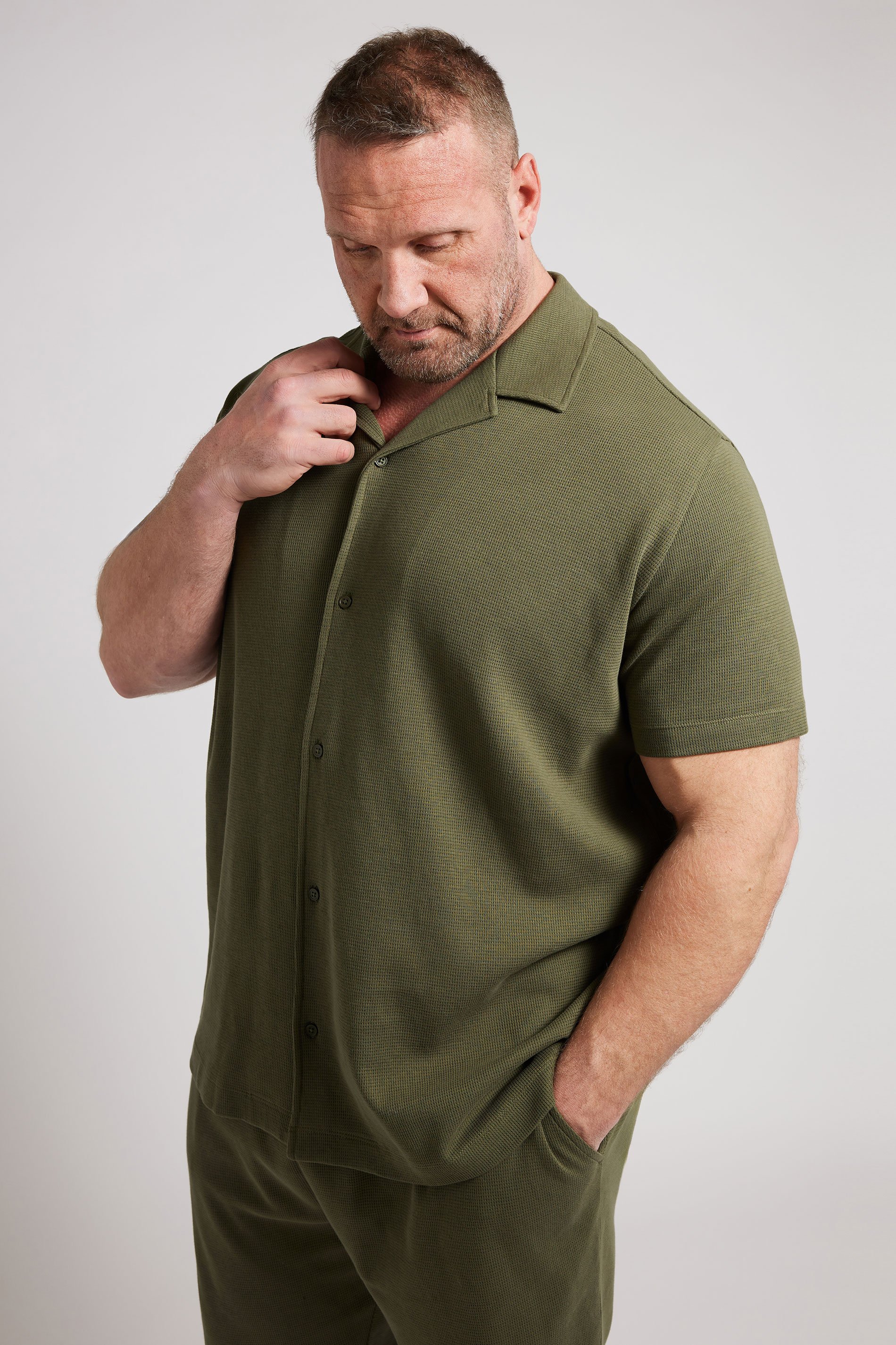 BadRhino Big & Tall Khaki Green Short Sleeve Textured Shirt | BadRhino 2