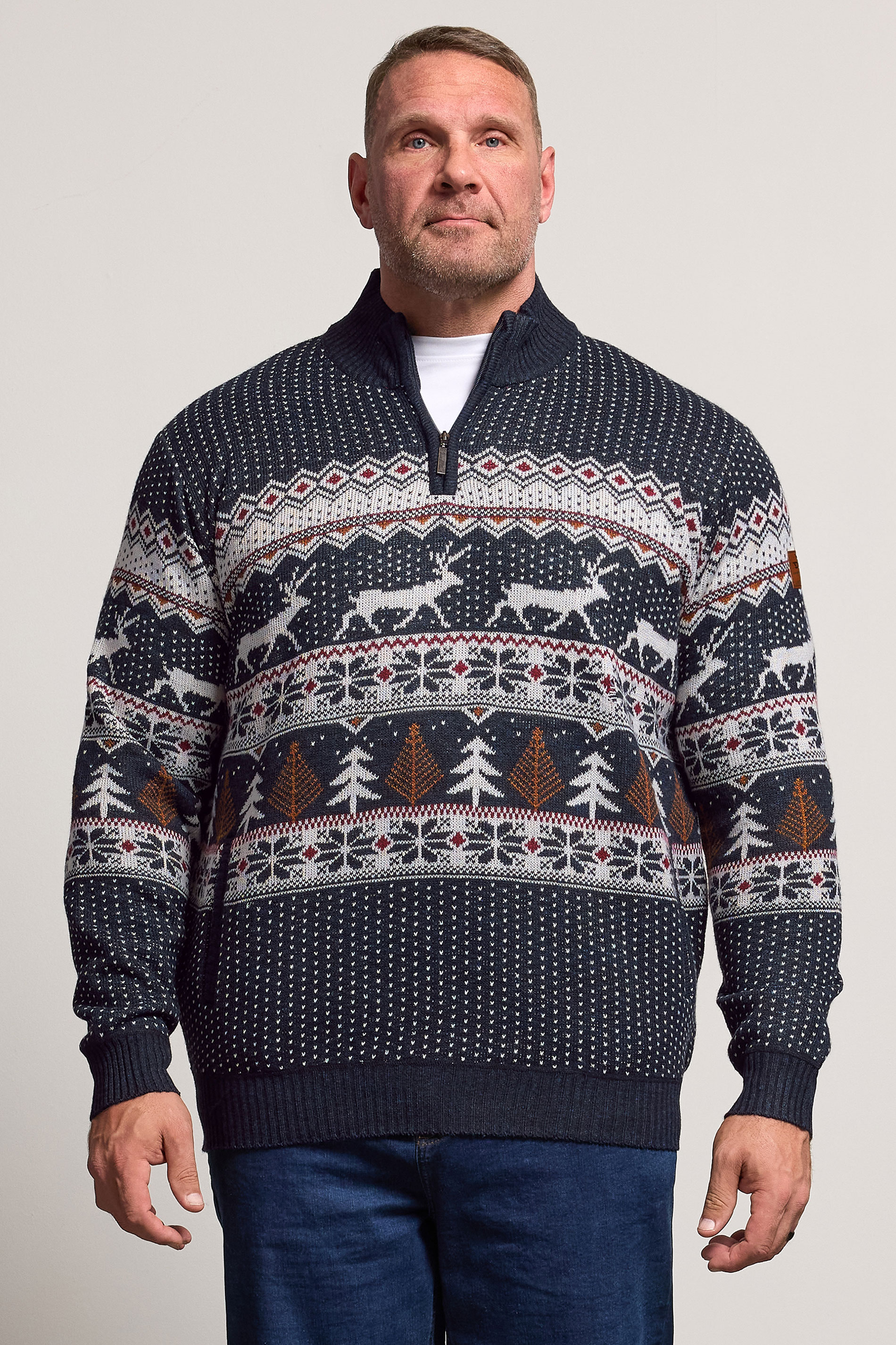 D555 Big & Tall Navy Blue Christmas Quarter Zip Jumper | BadRhino 1