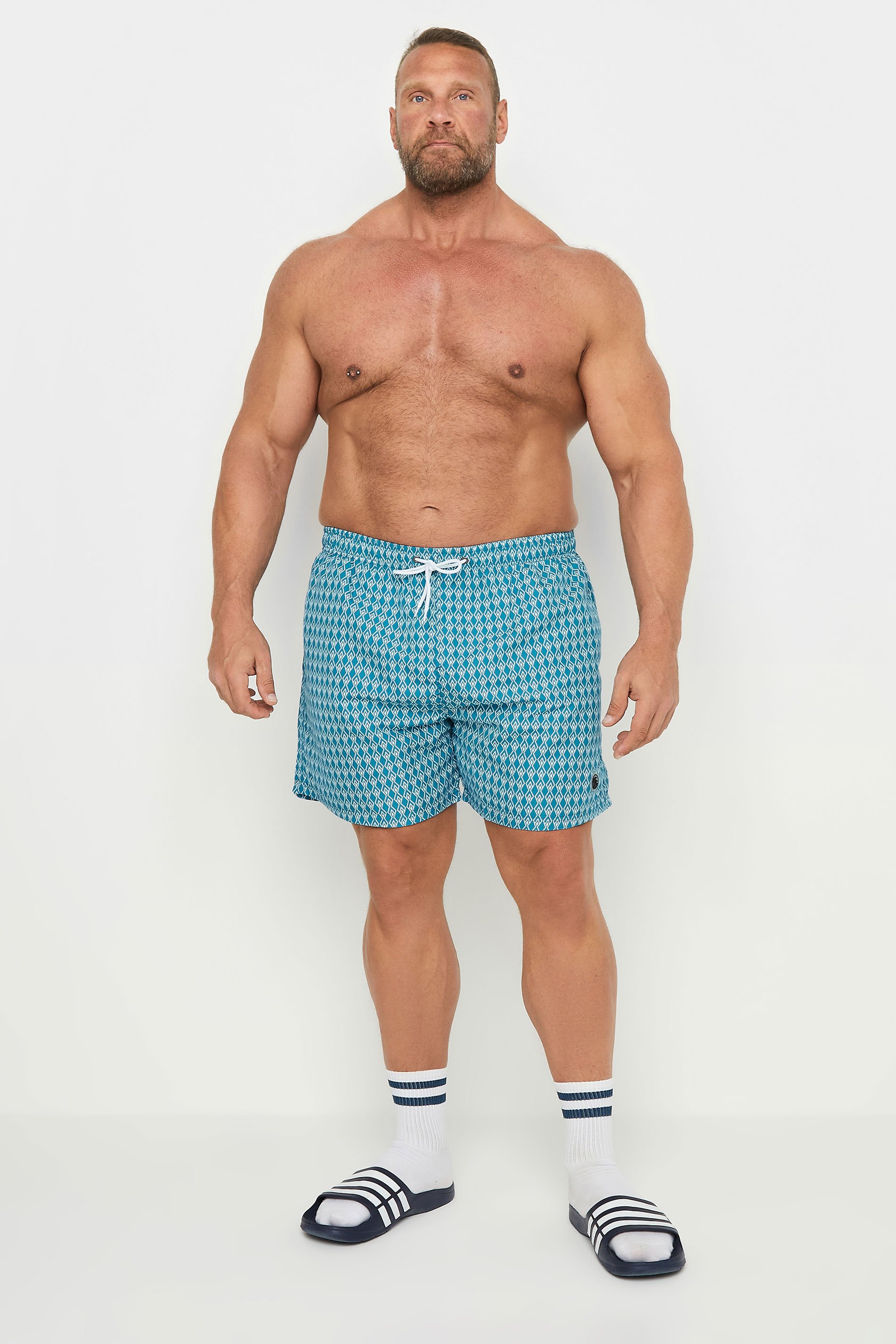 ESPIONAGE Big & Tall Light Blue Geometric Print Swim Shorts | BadRhino 1