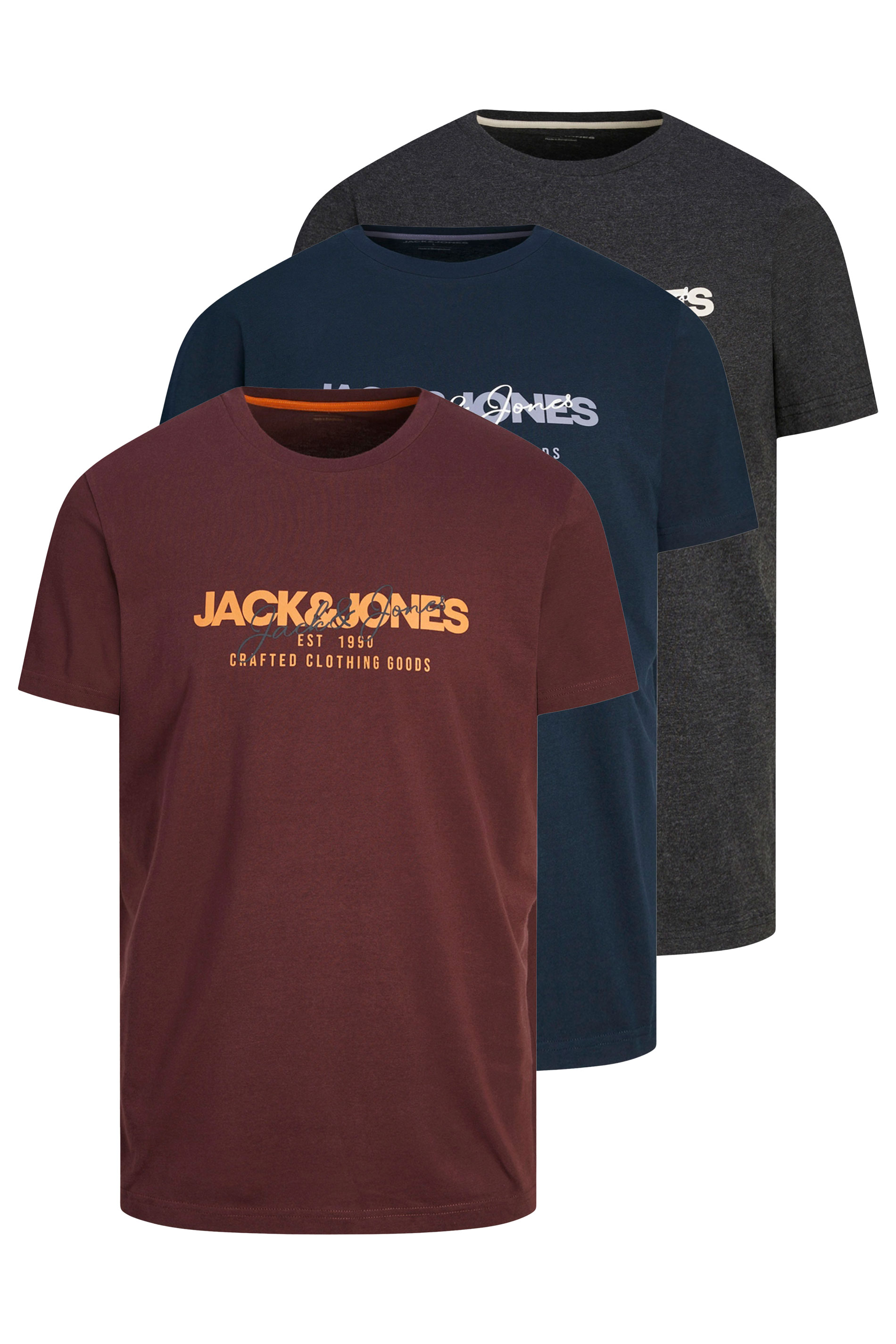 JACK & JONES Big & Tall Wine Red & Navy Blue 3 Pack T-Shirts | BadRhino 3