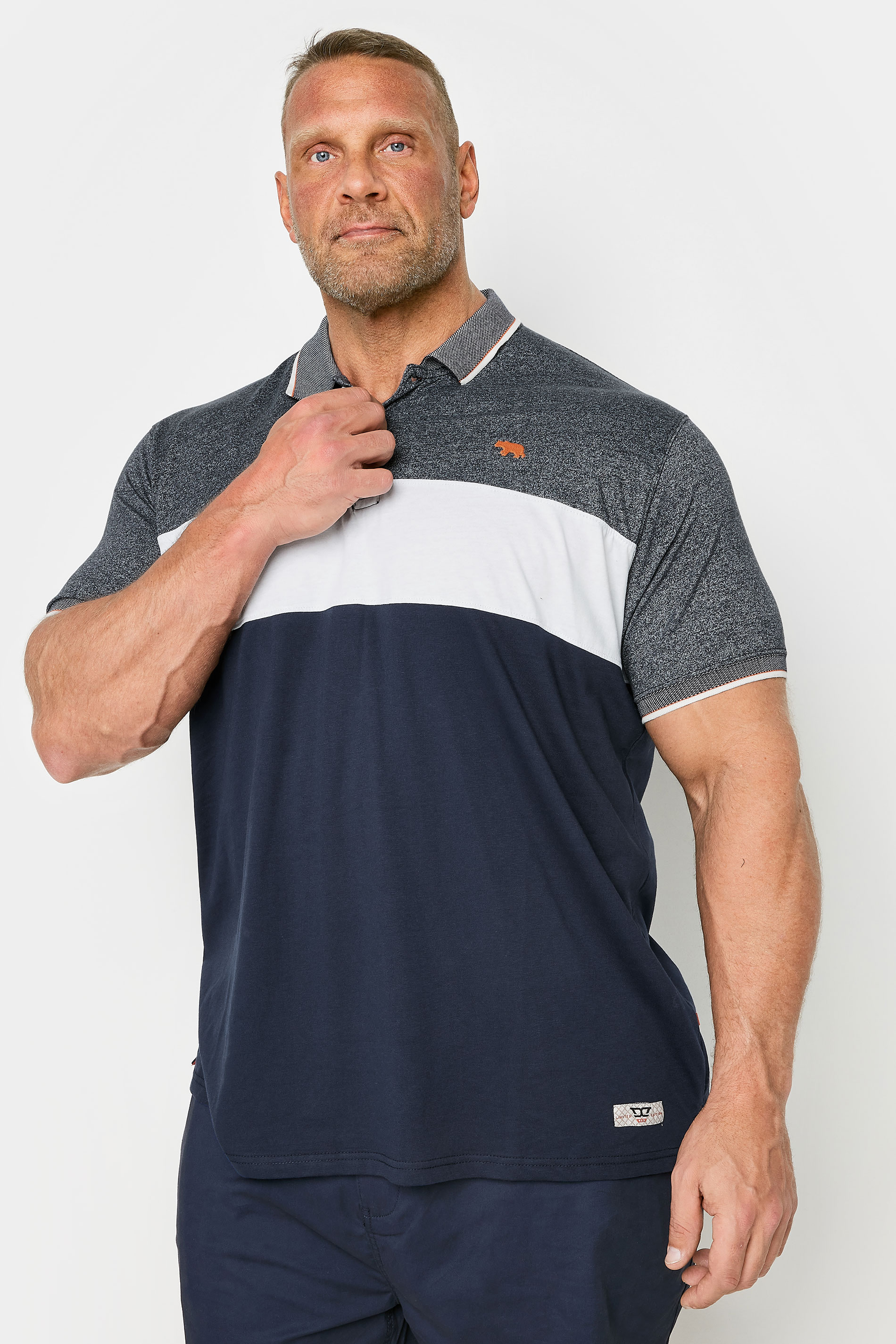 D555 Big & Tall Navy Blue Cut & Sew Jacquard Collar Polo Shirt | BadRhino 1
