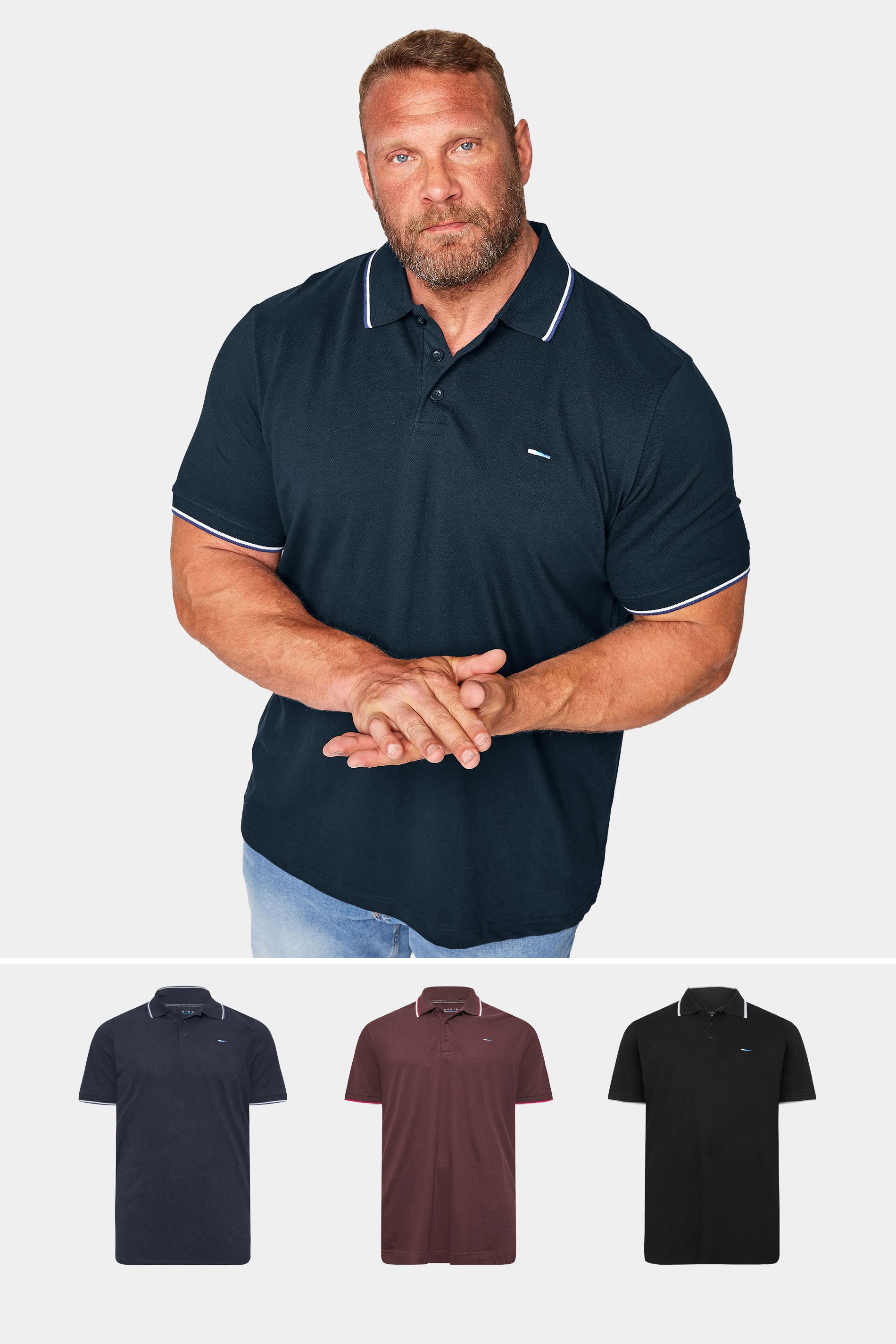 BadRhino Navy Blue 3 Pack Essential Tipped Polo Shirts | BadRhino 1