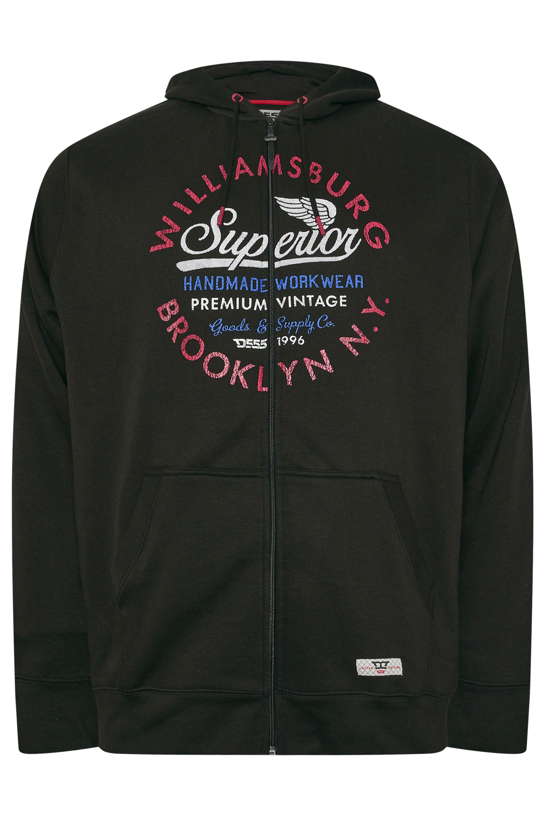 D555 Big & Tall Black 'Brooklyn N.Y.' Zip Through Hoodie | BadRhino 4