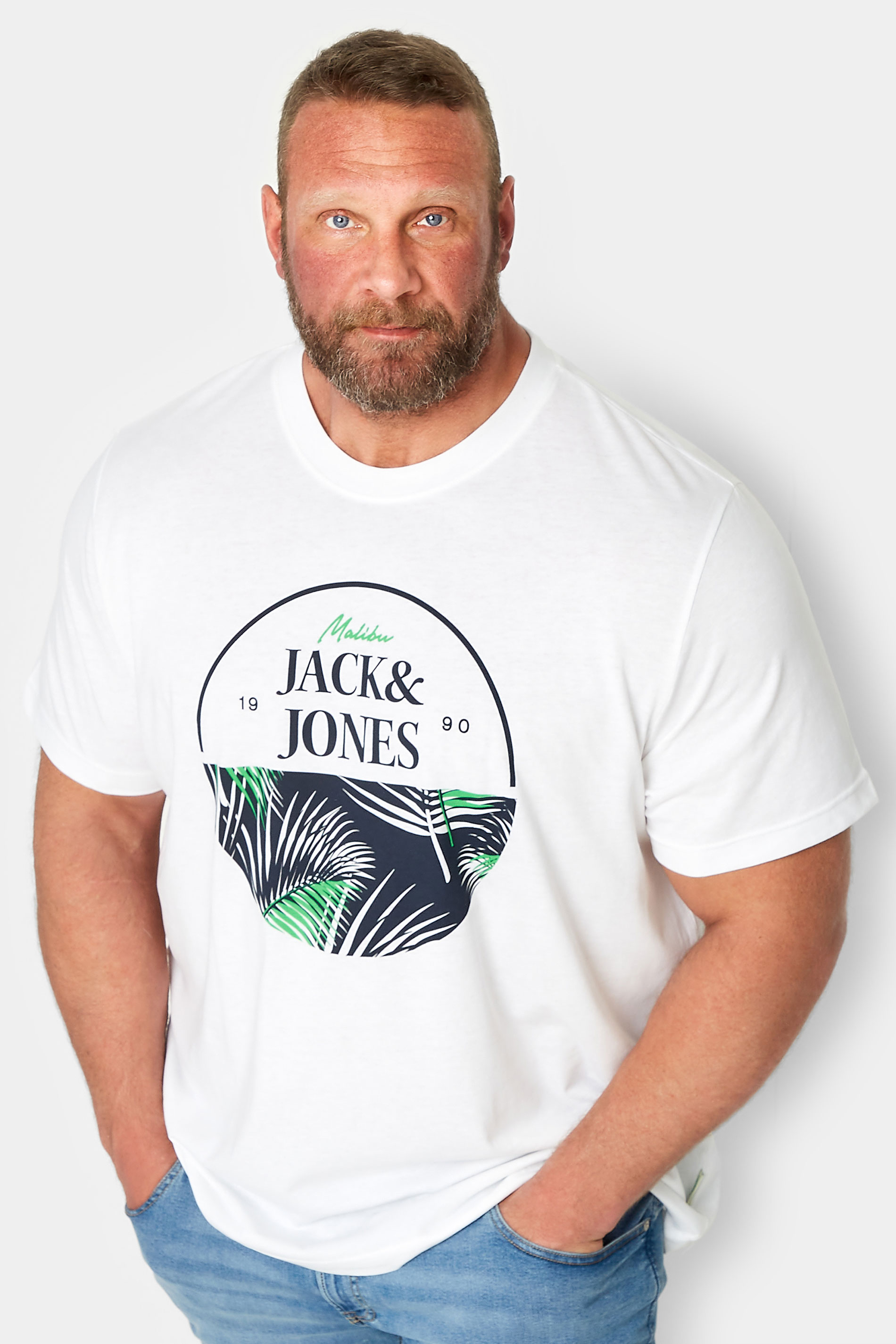 JACK & JONES Big & Tall Plus Size White Logo Palm Leaf Print T-Shirt | BadRhino  1