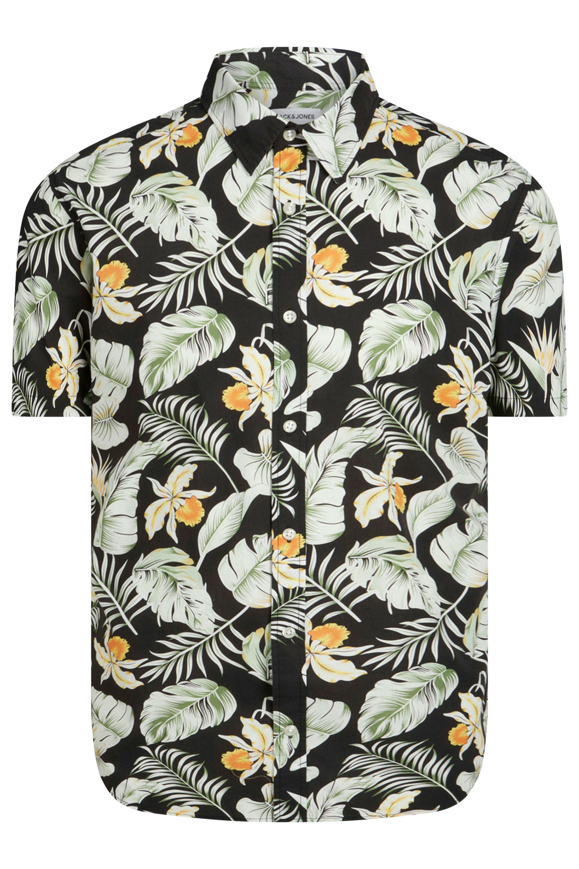 JACK & JONES Big & Tall Black Tropical Print Short Sleeve Cotton Shirt | BadRhino 2