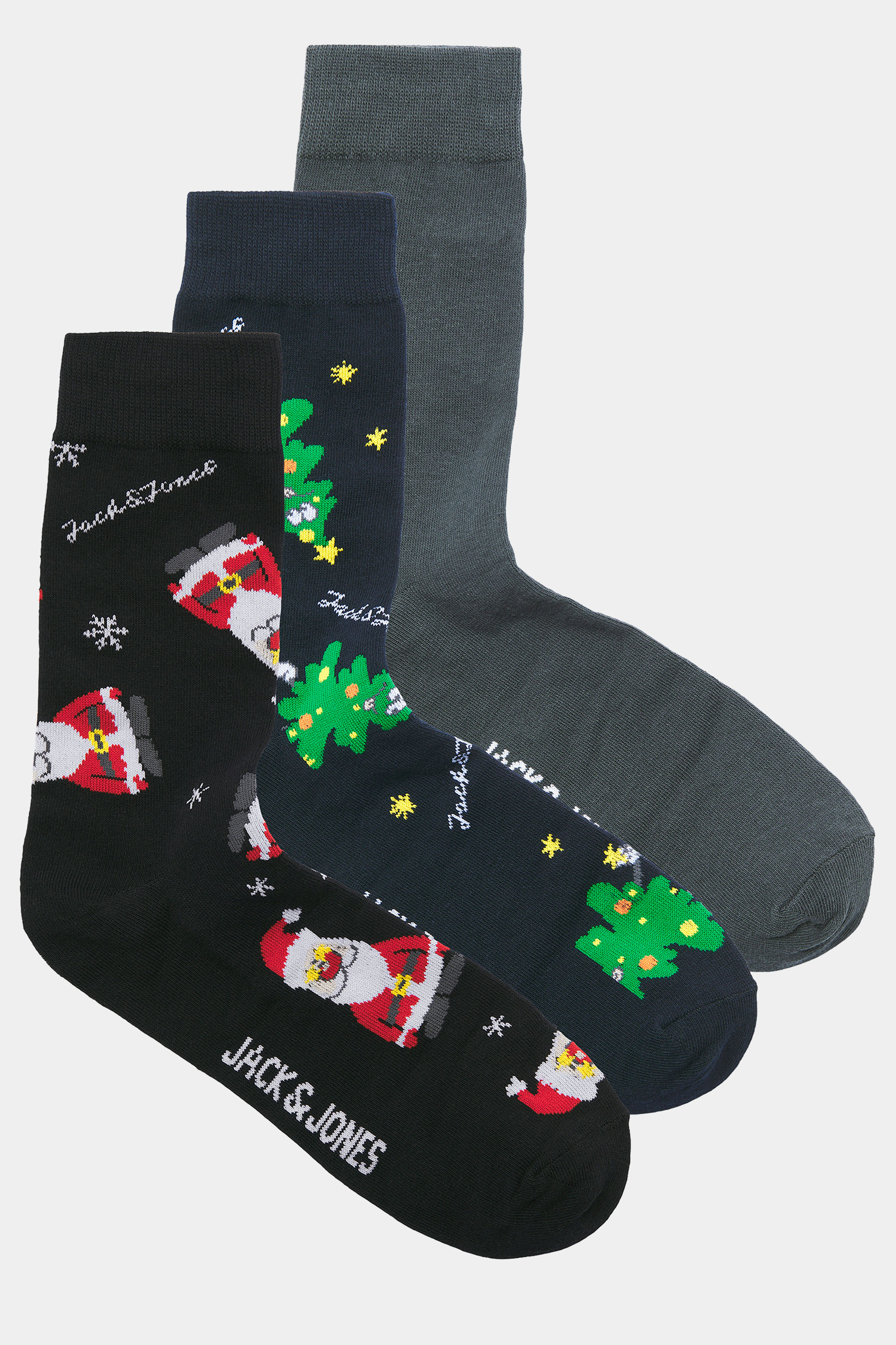 JACK & JONES 3 PACK Black & Grey Holly Jolly Socks | BadRhino 3