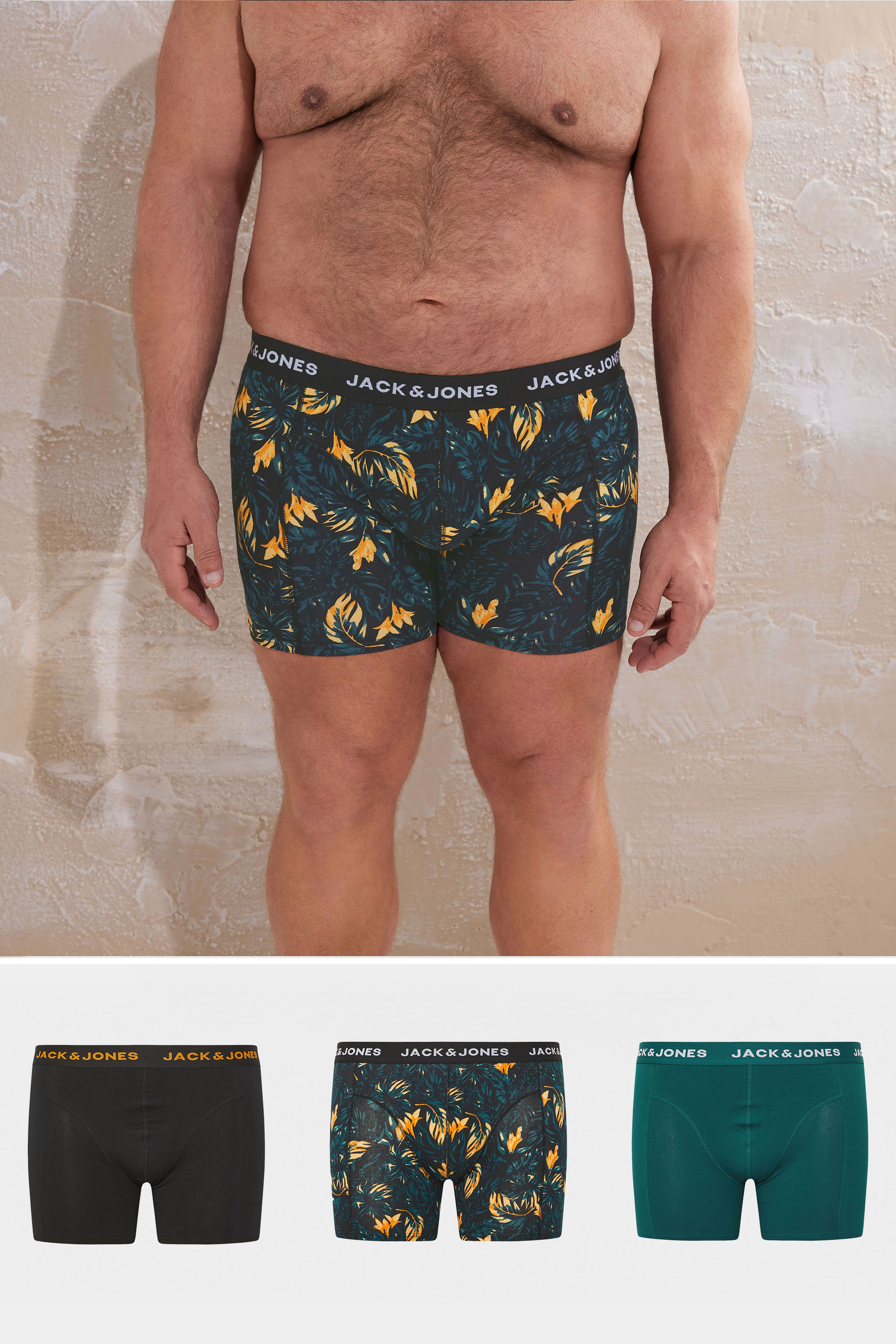 JACK & JONES Big & Tall 3 PACK Black & Teal Blue Printed Boxers | BadRhino 1